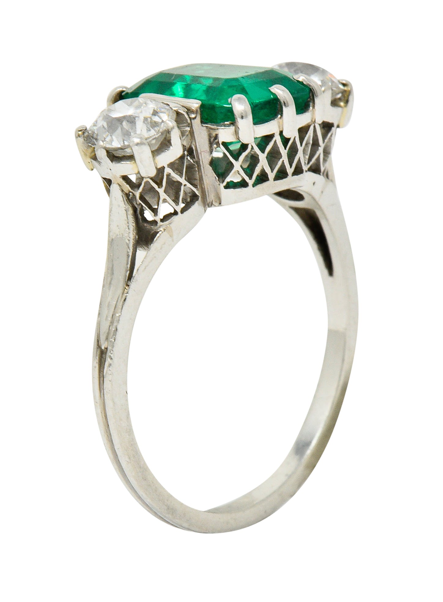 Edwardian 2.80 CTW Colombian Emerald Diamond Platinum Three Stone Ring GIARing - Wilson's Estate Jewelry