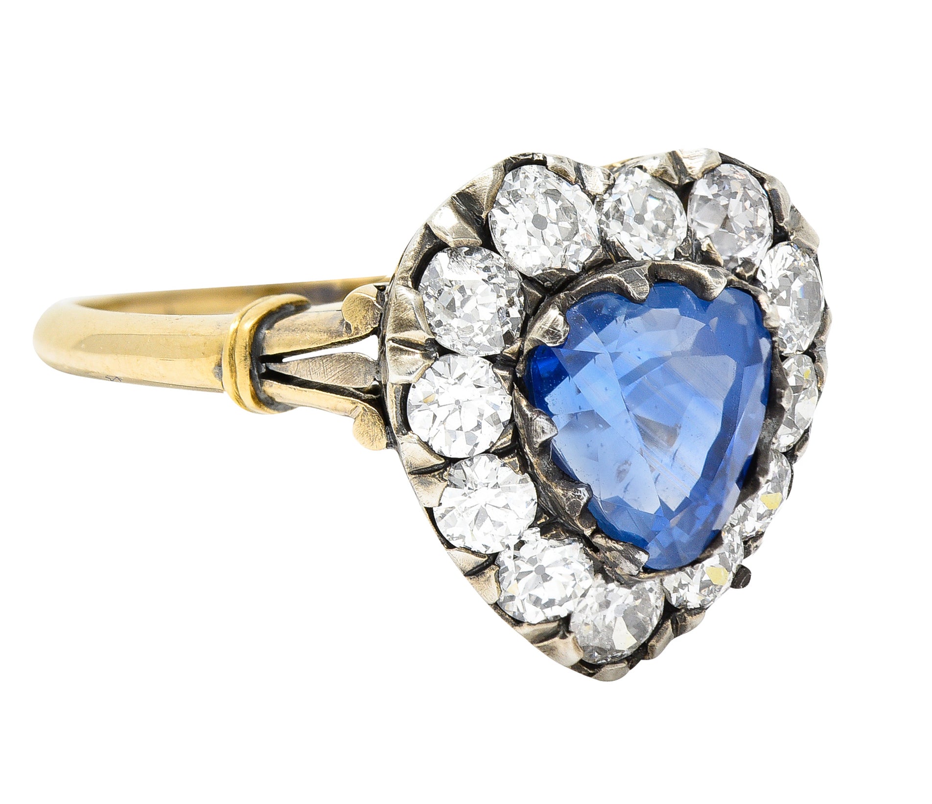 Victorian 4.60 CTW Heart Cut Sapphire Old European Cut Diamond Silver-Topped 18 Karat Yellow Gold Heart Halo Antique Ring Wilson's Estate Jewelry