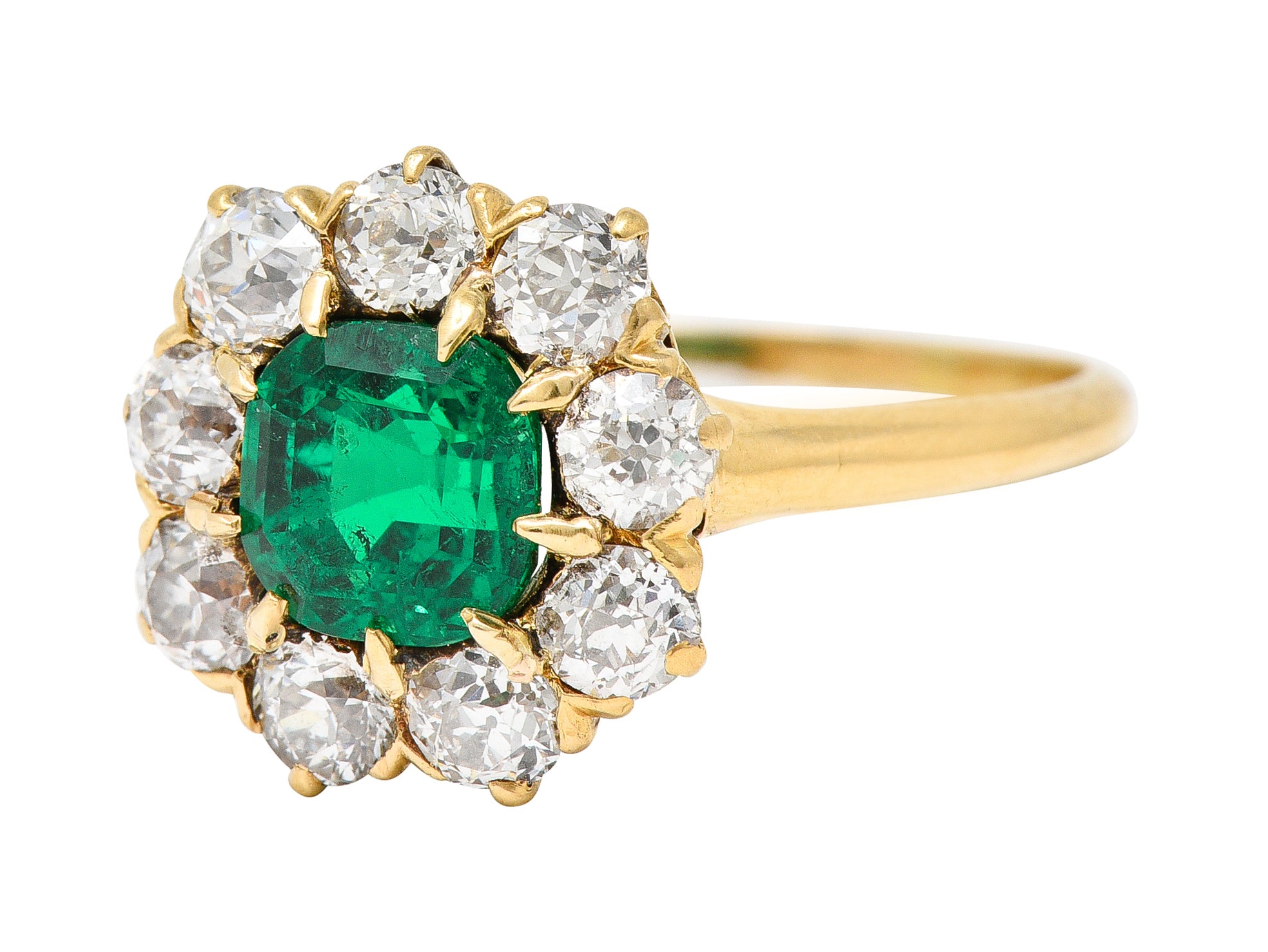 Victorian 2.11 CTW Cushion Cut Colombian Emerald Old European Cut Diamond 18 Karat Yellow Gold Cluster Ring GIA Wilson's Estate Jewelry