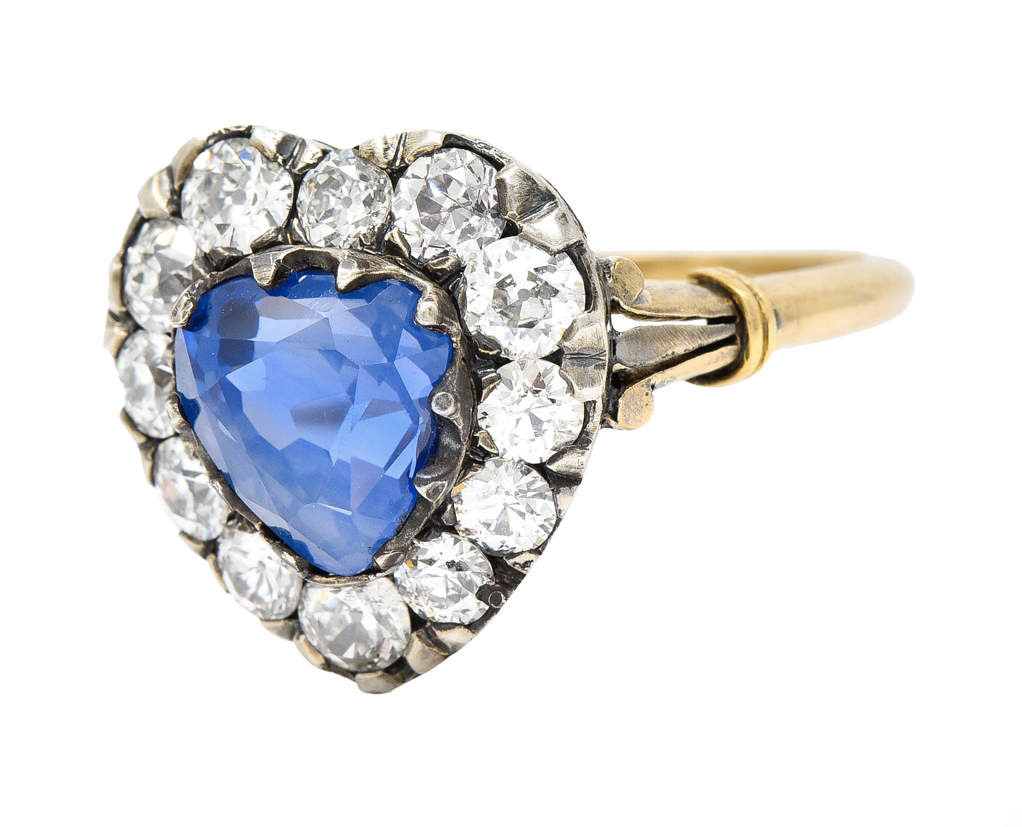 Victorian 4.60 CTW Heart Cut Sapphire Old European Cut Diamond Silver-Topped 18 Karat Yellow Gold Heart Halo Antique Ring Wilson's Estate Jewelry