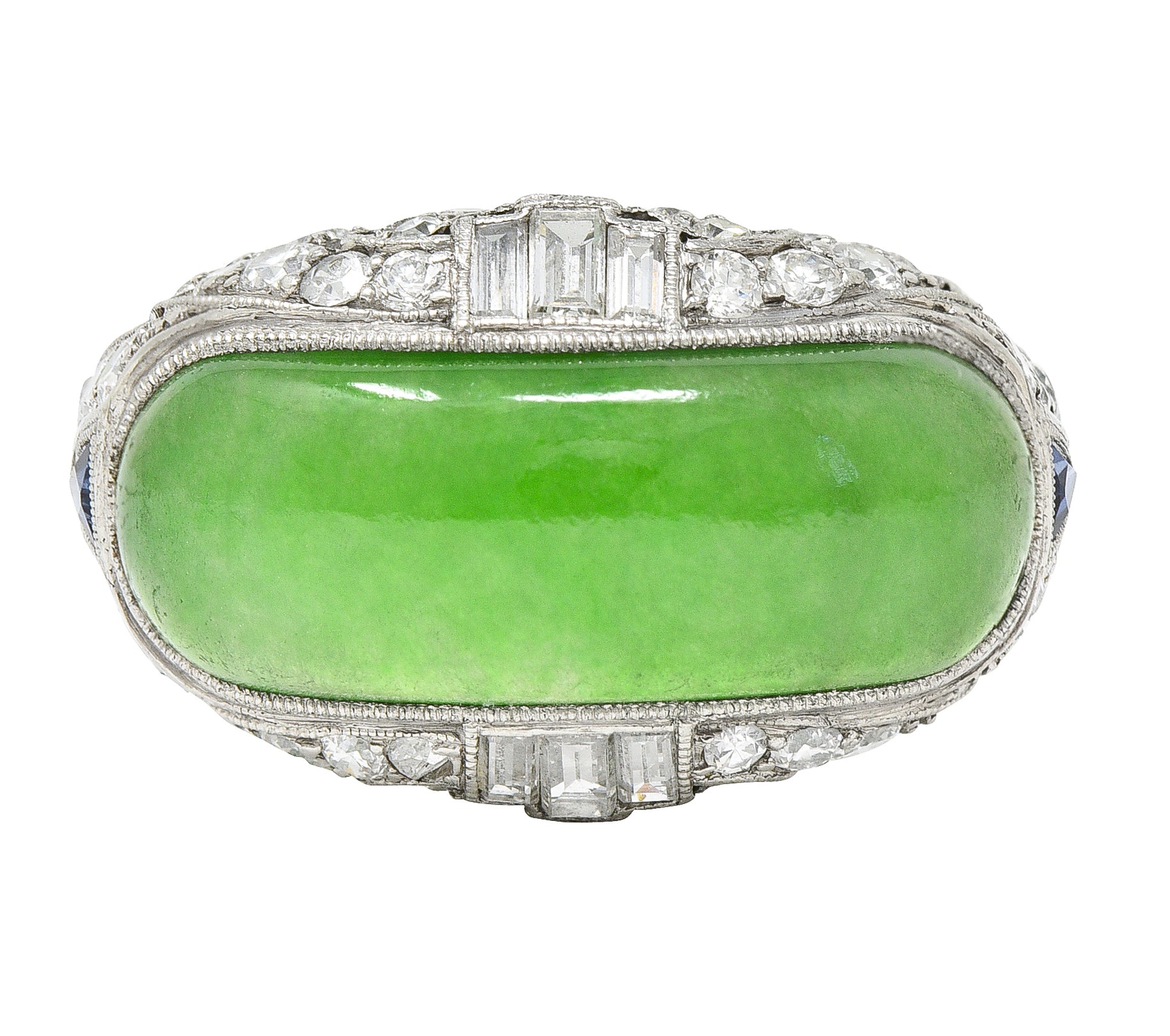 1930's Art Deco Jadeite Jade Sapphire Diamond Platinum Band Ring GIA Wilson's Estate Jewelry