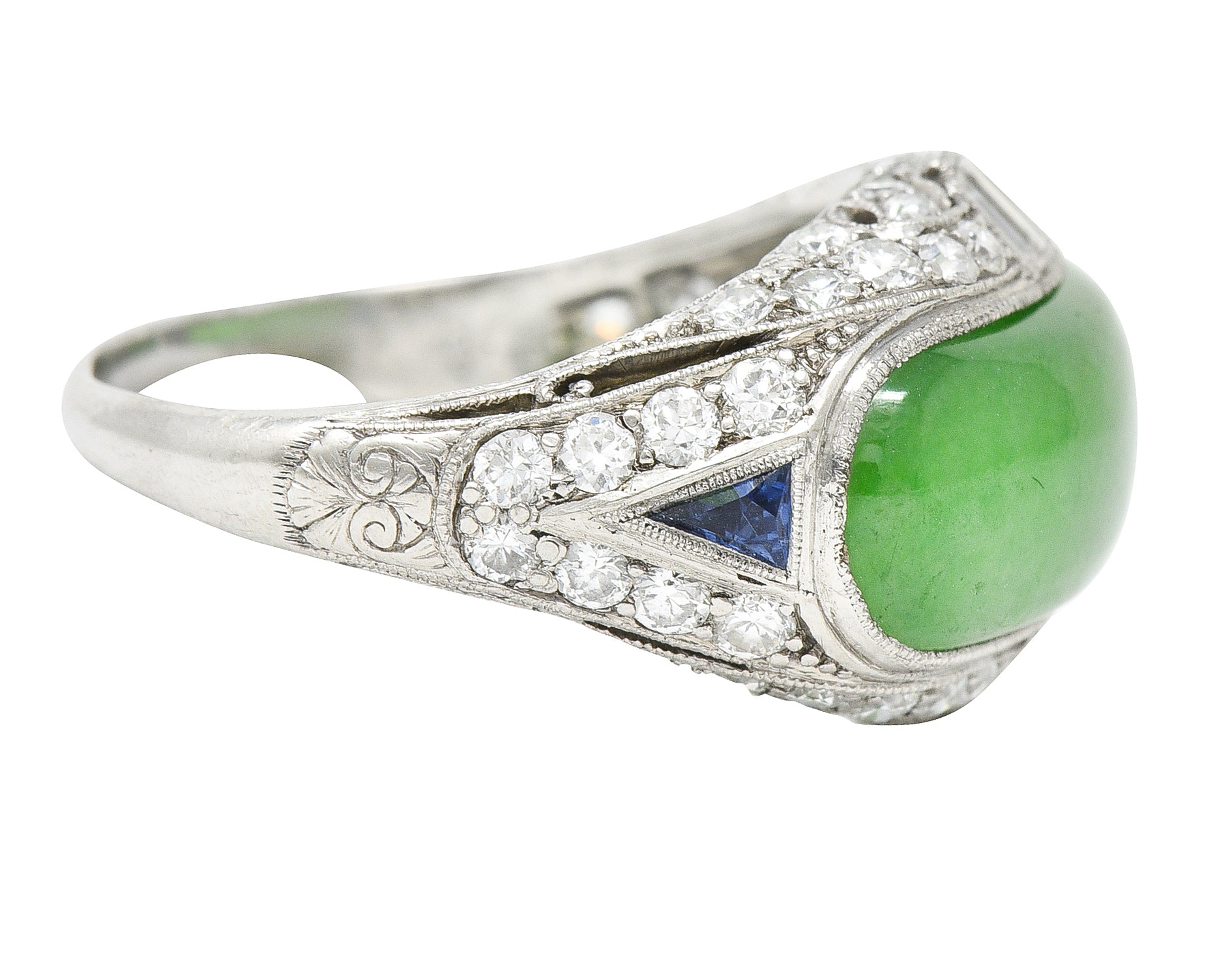 1930's Art Deco Jadeite Jade Sapphire Diamond Platinum Band Ring GIA Wilson's Estate Jewelry