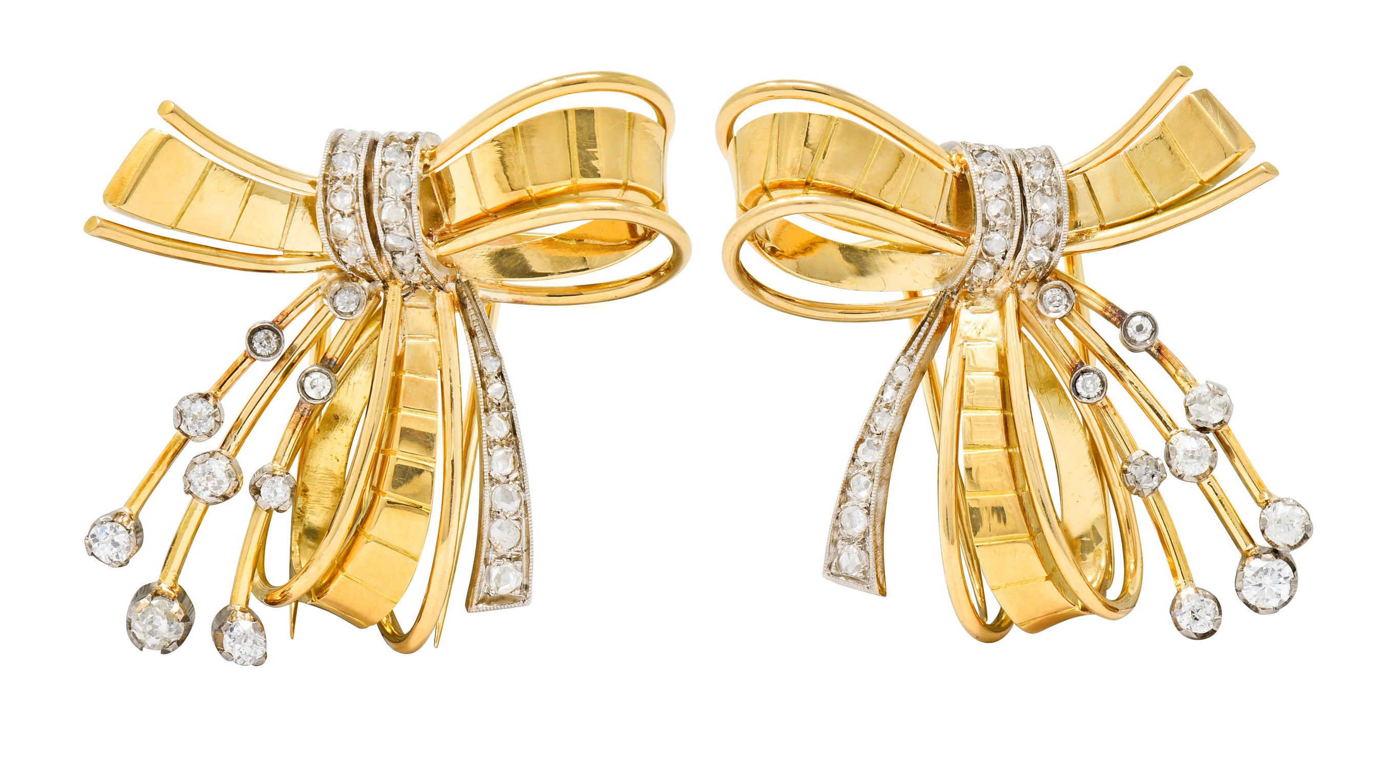 Retro 2.75 CTW Diamond 18 Karat Two-Tone Gold Bow Clips - Wilson's Estate Jewelry