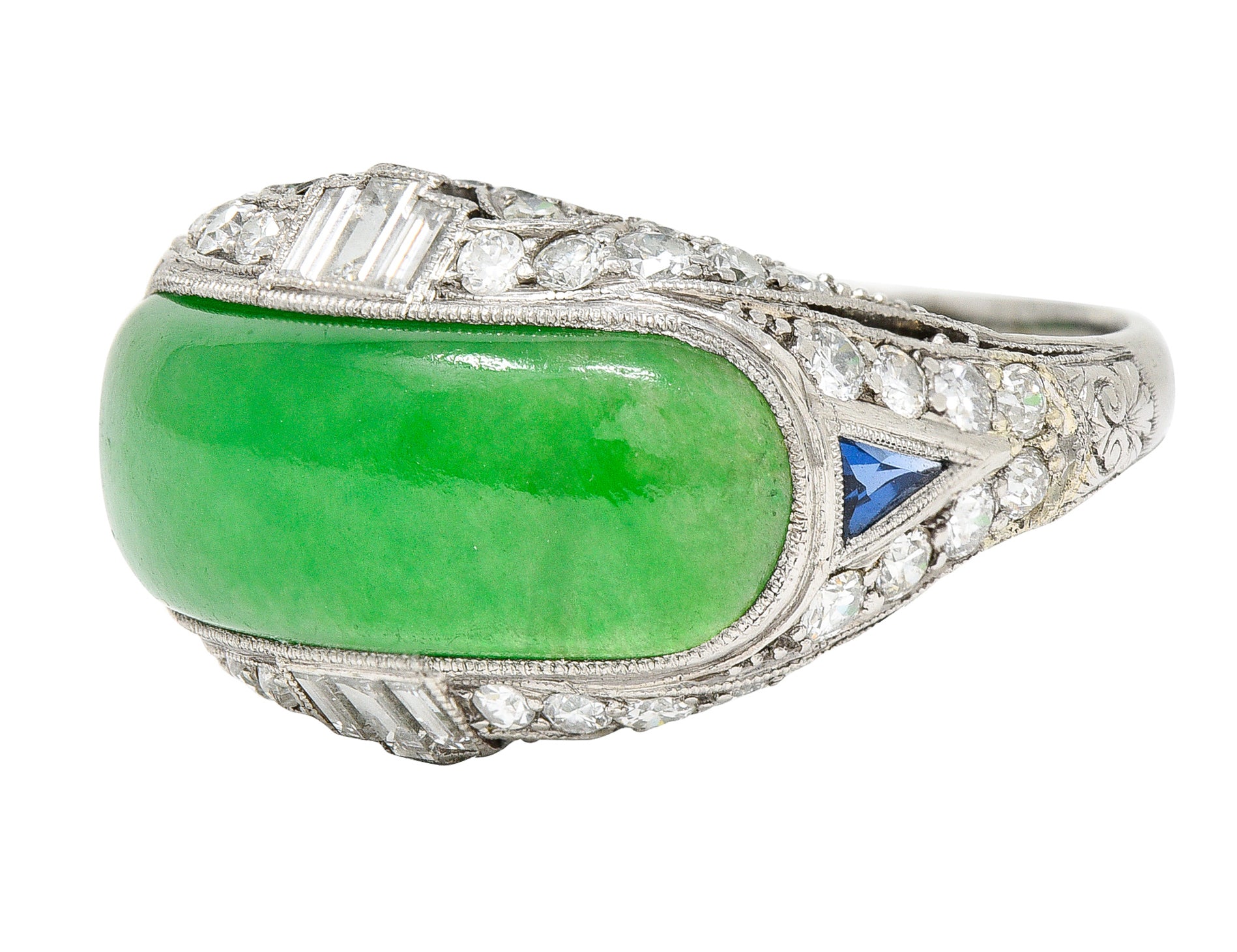 1930's Art Deco Jadeite Jade Sapphire Diamond Platinum Band Ring GIA Wilson's Estate Jewelry