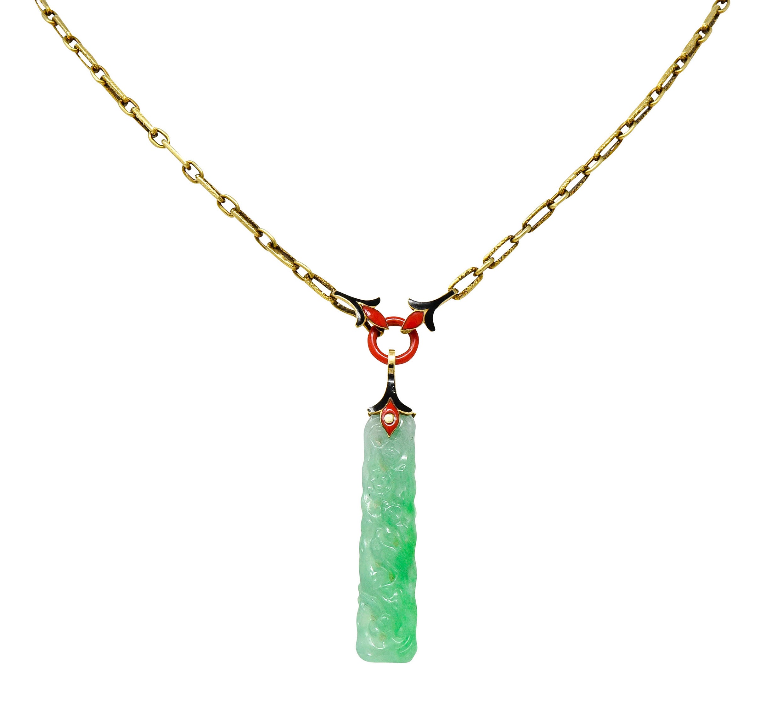 Art Deco Carved Jade Enamel 14 Karat Gold Drop Pendant NecklaceNecklace - Wilson's Estate Jewelry