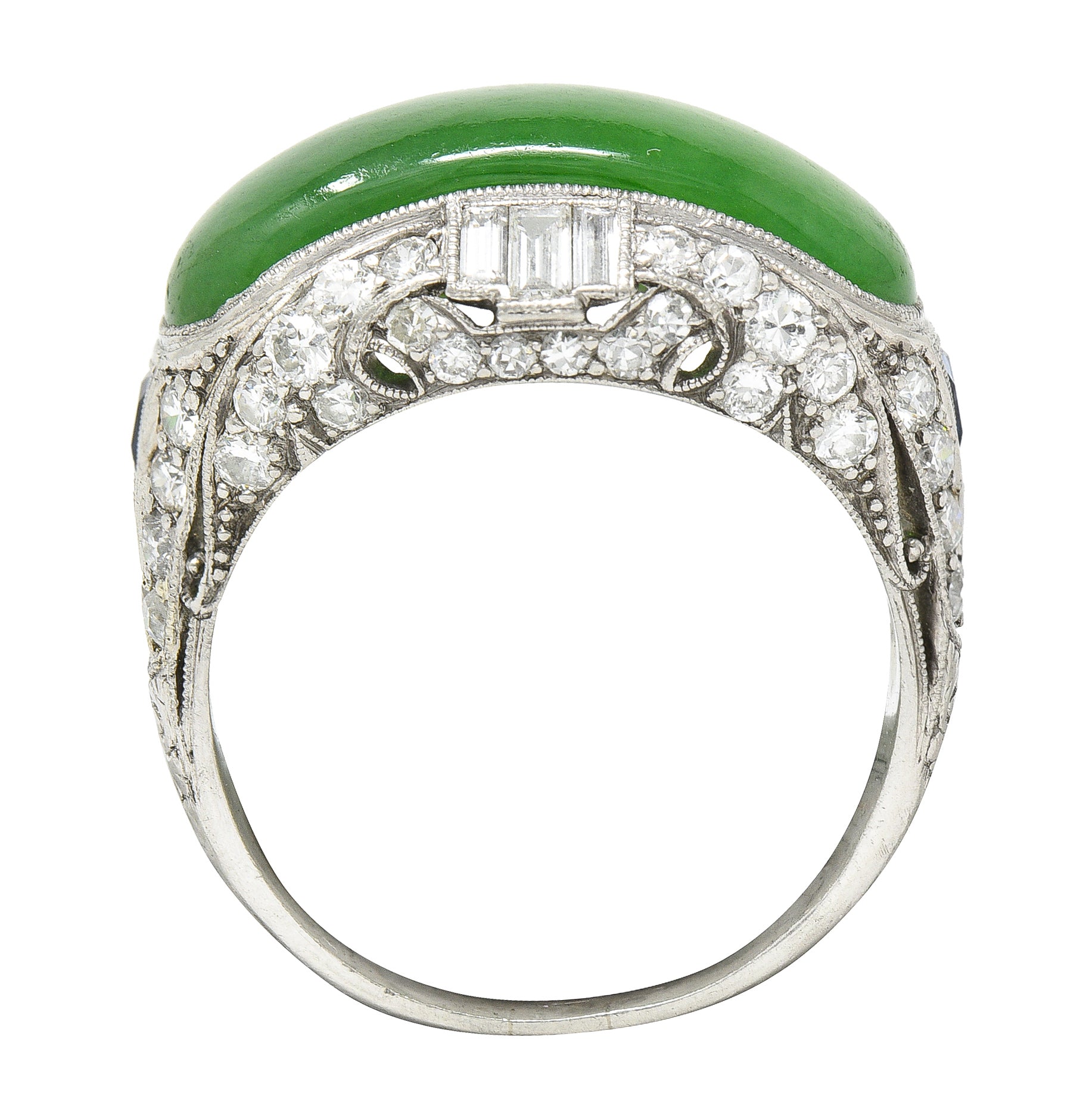 1930's Art Deco Jadeite Jade Sapphire Diamond Platinum Band Ring GIA Wilson's Estate Jewelry