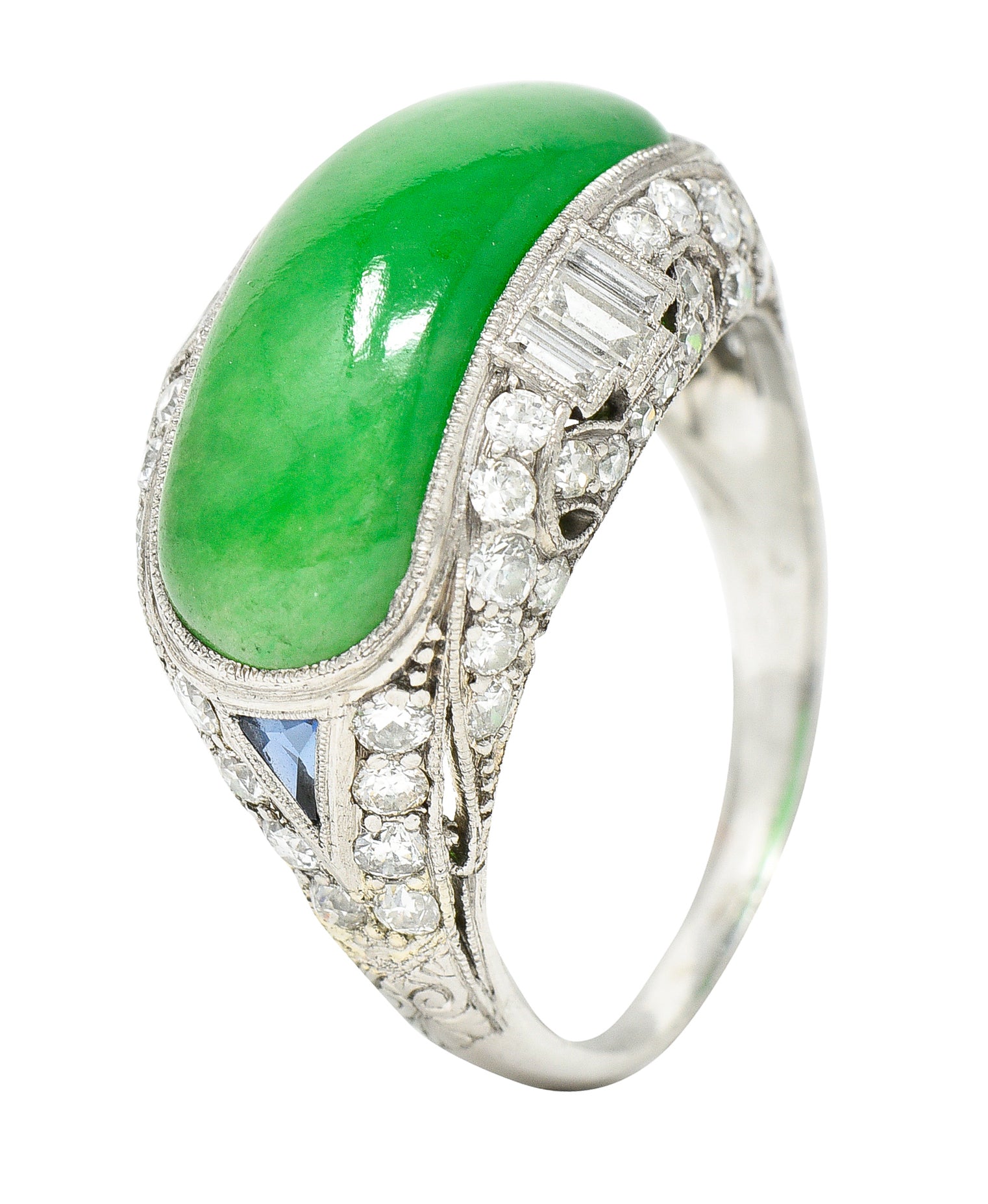 1930's Art Deco Jadeite Jade Sapphire Diamond Platinum Band Ring GIA Wilson's Estate Jewelry