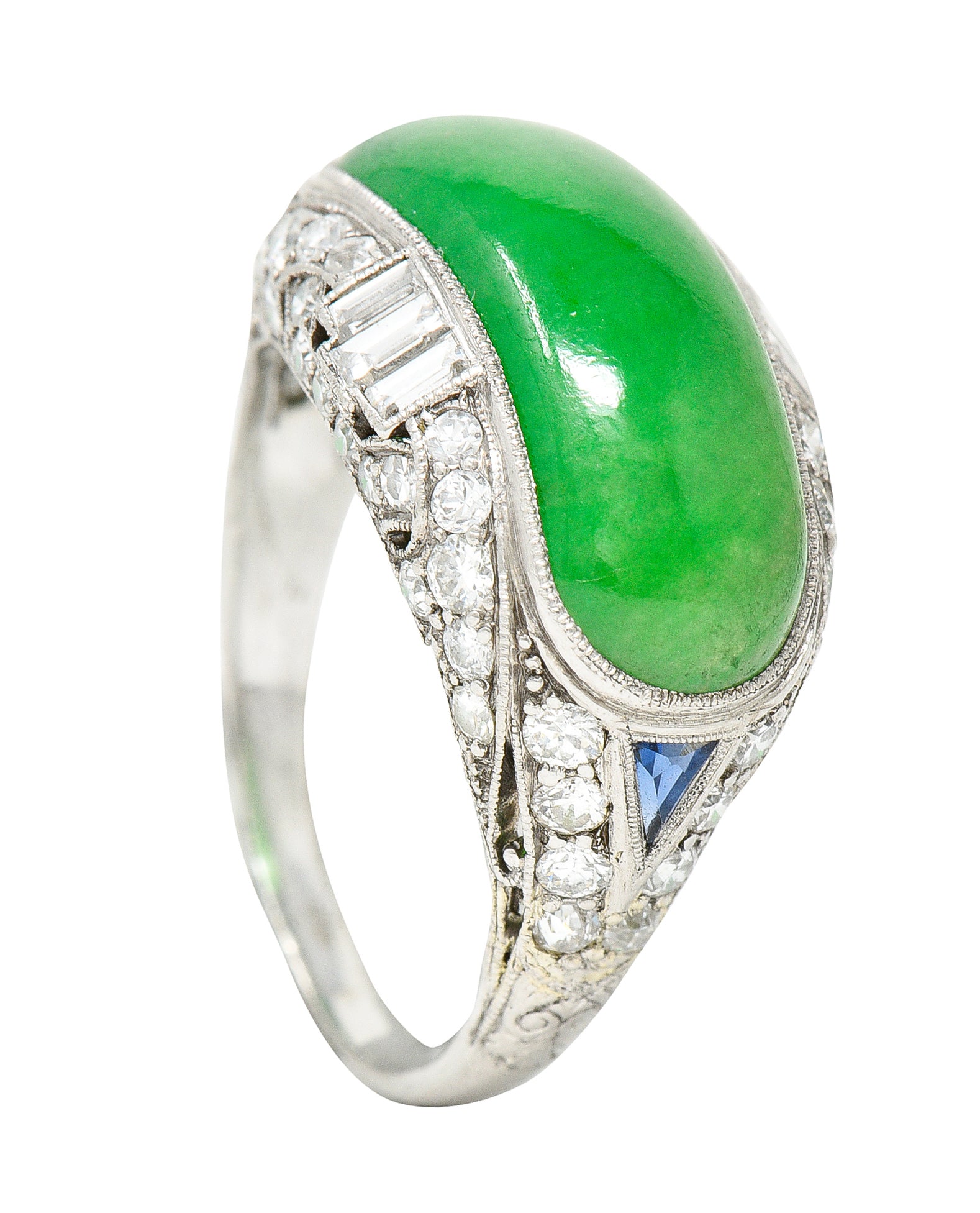 1930's Art Deco Jadeite Jade Sapphire Diamond Platinum Band Ring GIA Wilson's Estate Jewelry