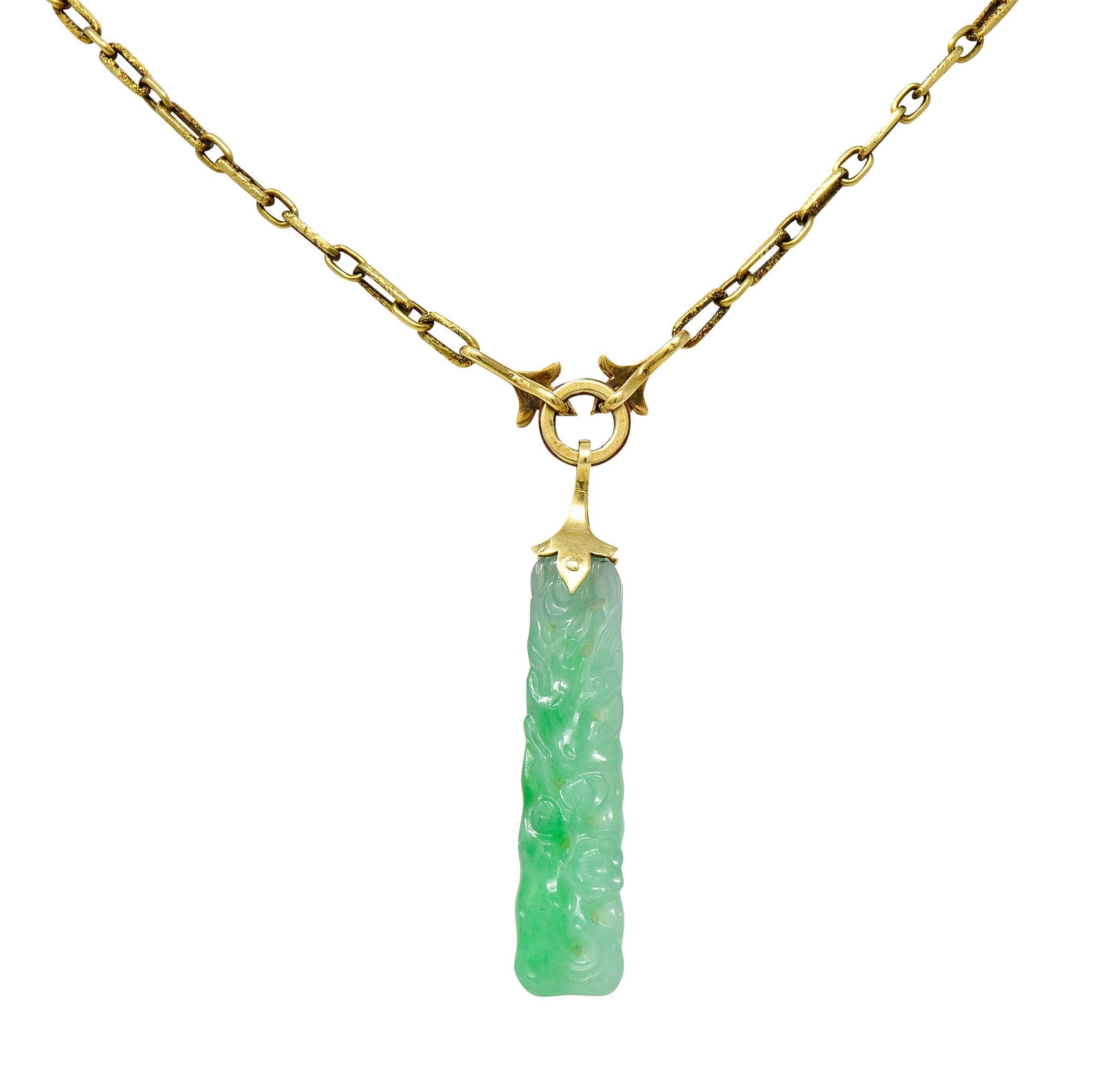 Art Deco Carved Jade Enamel 14 Karat Gold Drop Pendant NecklaceNecklace - Wilson's Estate Jewelry