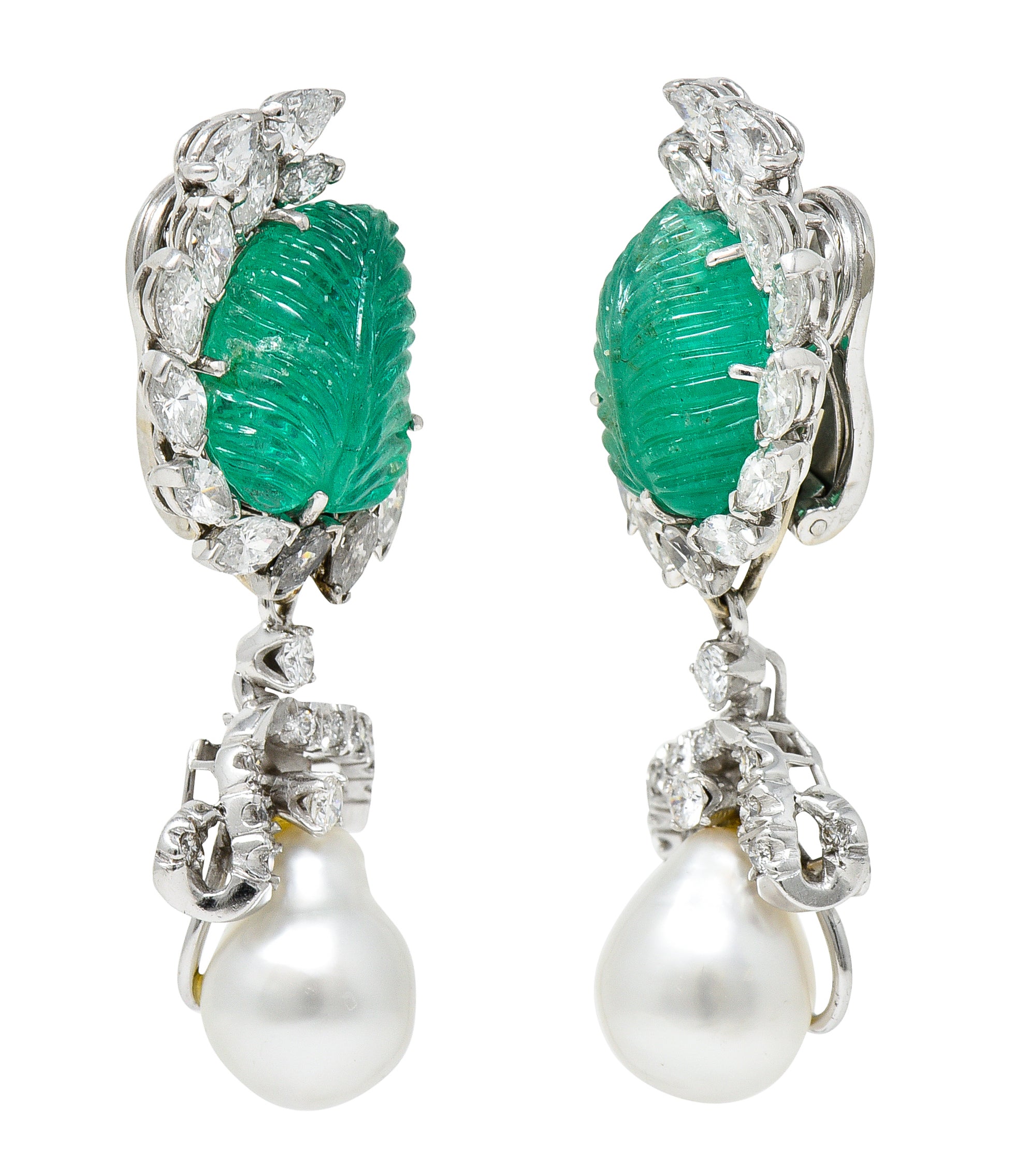 Mid-Century 21.90 CTW Mughal Carved Emerald Diamond Baroque Pearl Platinum Convertible Ear-Clip Earrings Wilson's Estate Jewelry