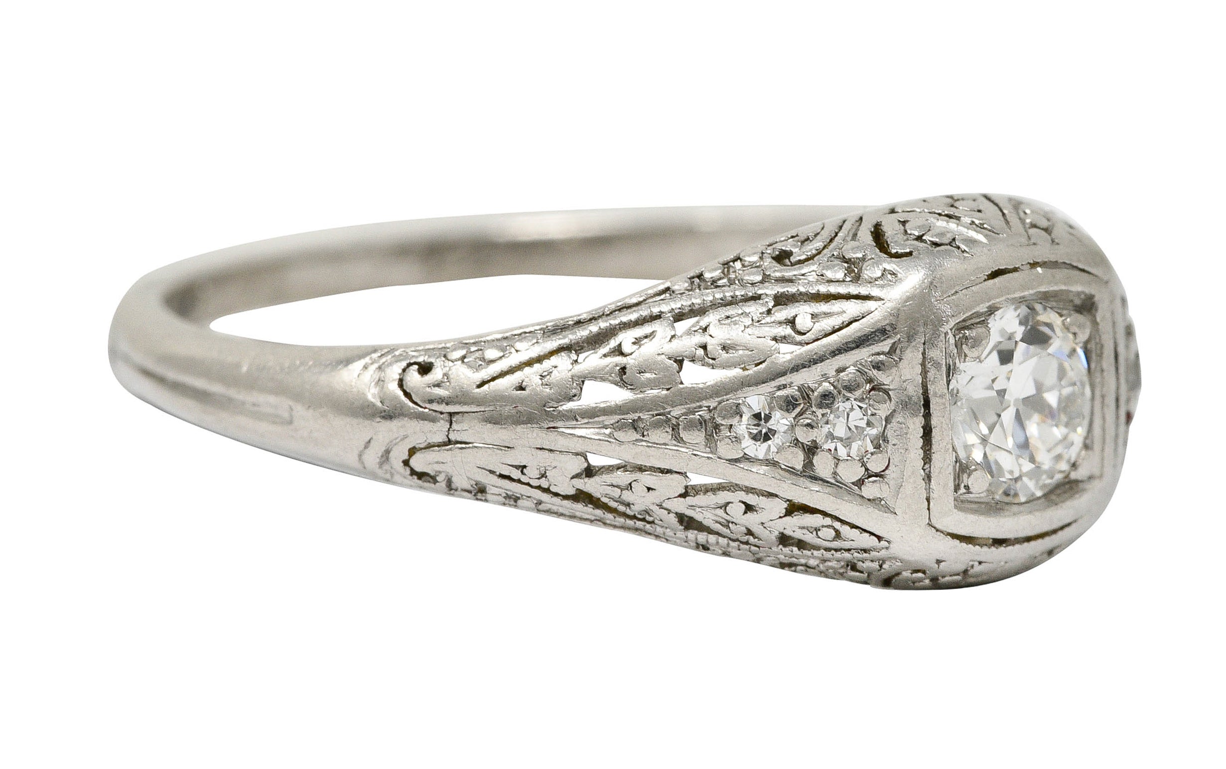 1925 Early Art Deco 0.32 CTW Diamond Platinum Foliate Engagement RingRing - Wilson's Estate Jewelry