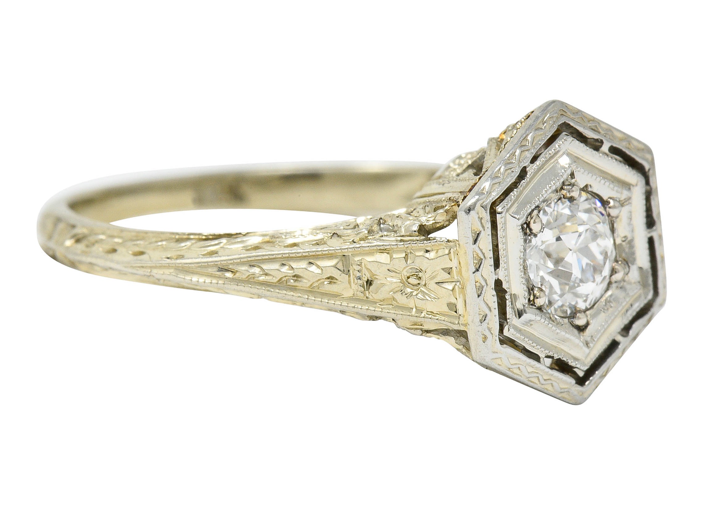 Early Art Deco 0.35 CTW Diamond Platinum-Topped 18 Karat Gold Hexagonal Engagement RingRing - Wilson's Estate Jewelry