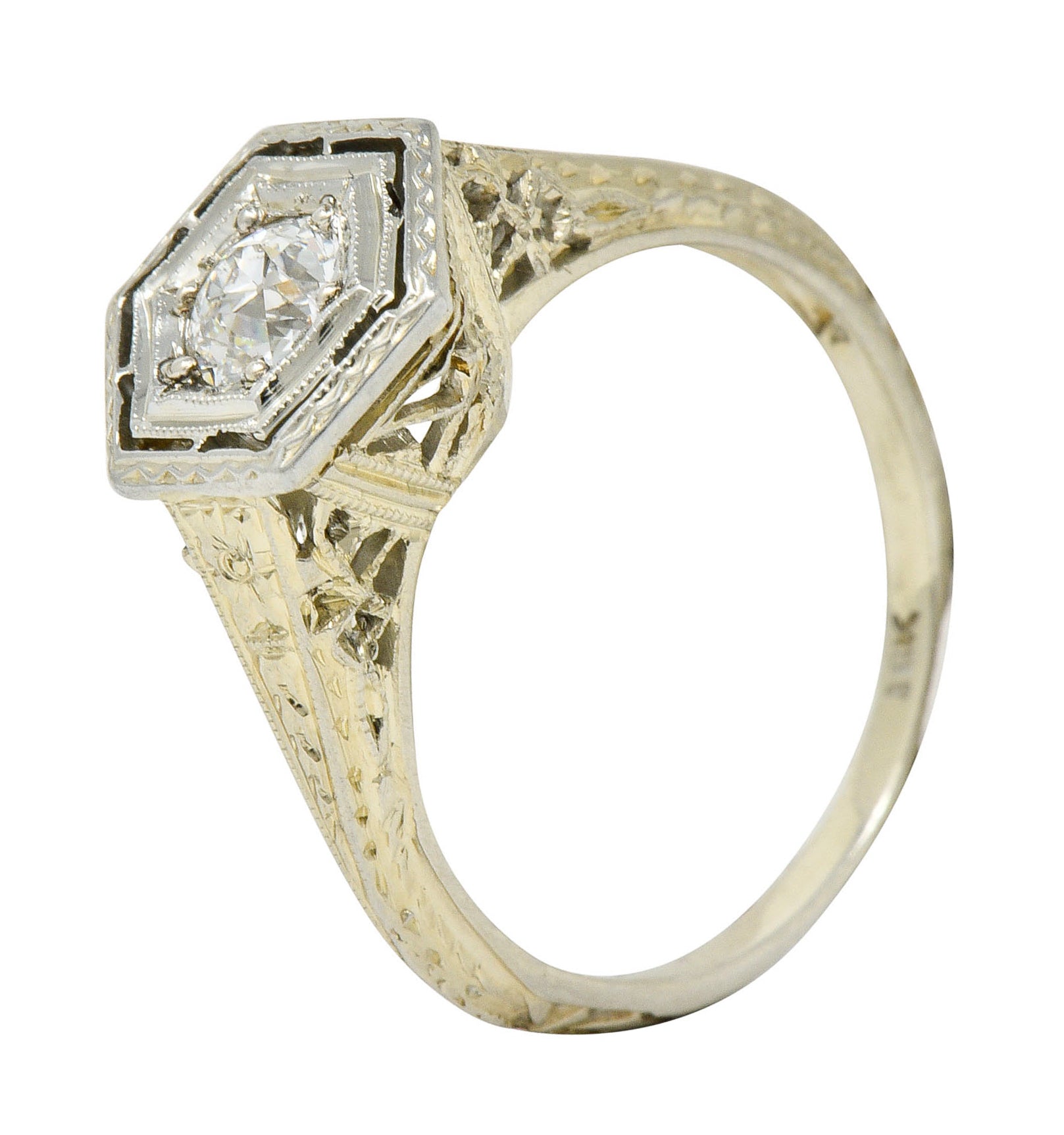 Early Art Deco 0.35 CTW Diamond Platinum-Topped 18 Karat Gold Hexagonal Engagement RingRing - Wilson's Estate Jewelry