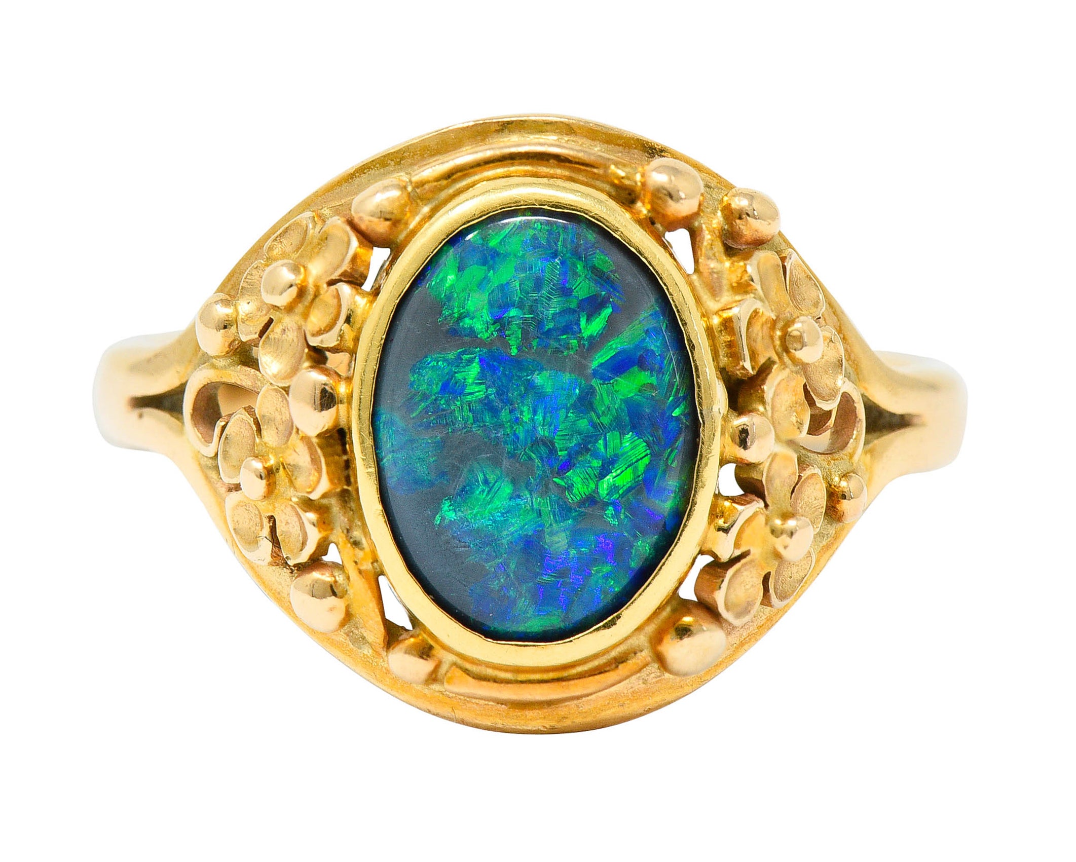 Art Nouveau 14 Karat Gold Black Opal Flower RingRing - Wilson's Estate Jewelry