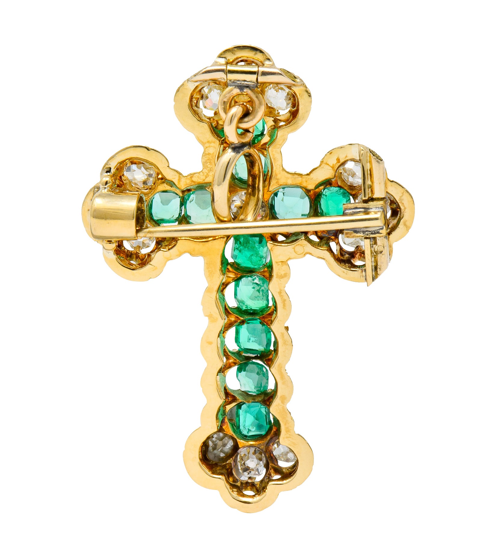 Victorian 2.67 CTW Emerald Diamond 18 Karat Gold Cross Pendant Brooch - Wilson's Estate Jewelry