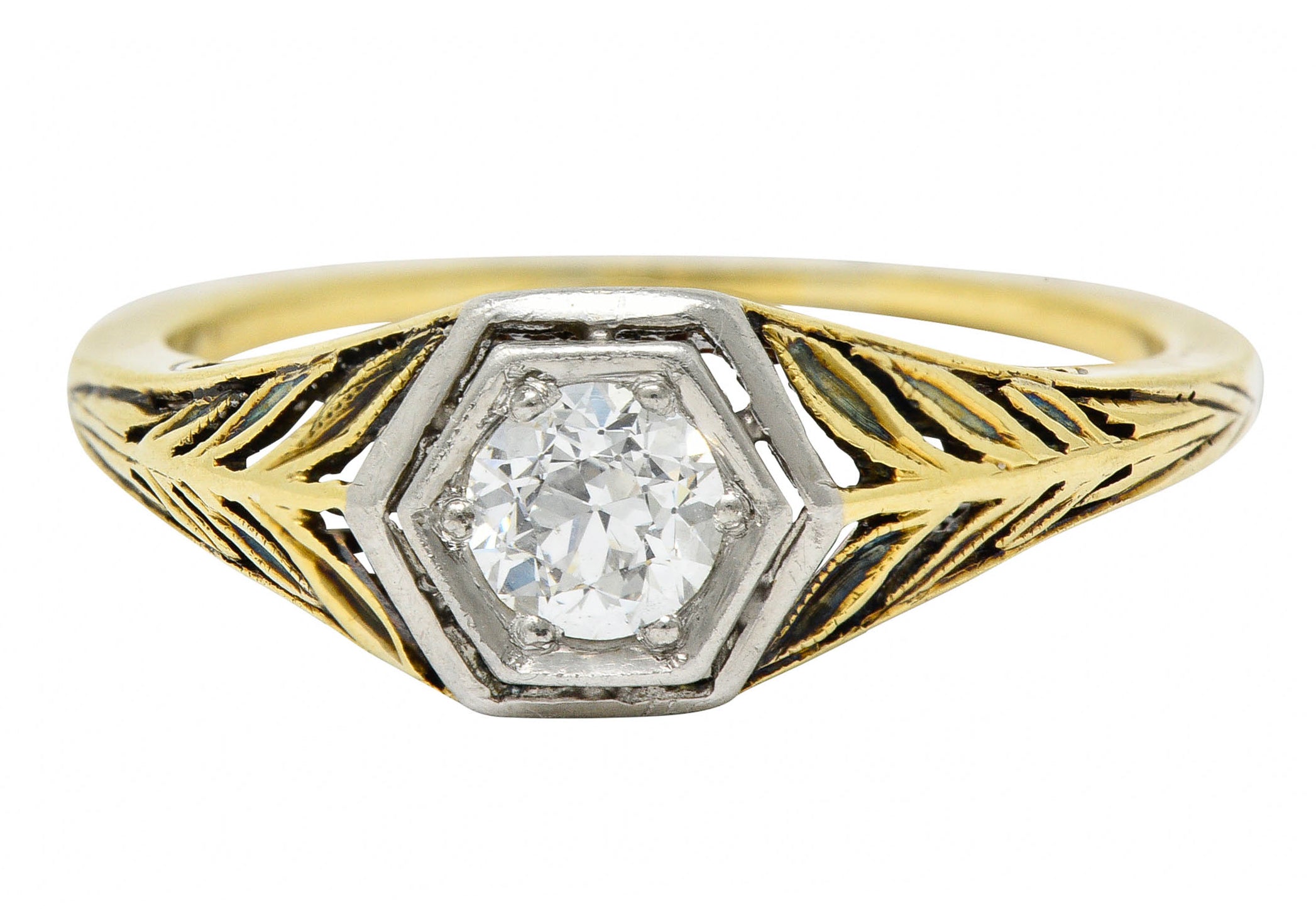 Edwardian 0.35 CTW Diamond Platinum-Topped 18 Karat Gold Foliate Engagement RingRing - Wilson's Estate Jewelry