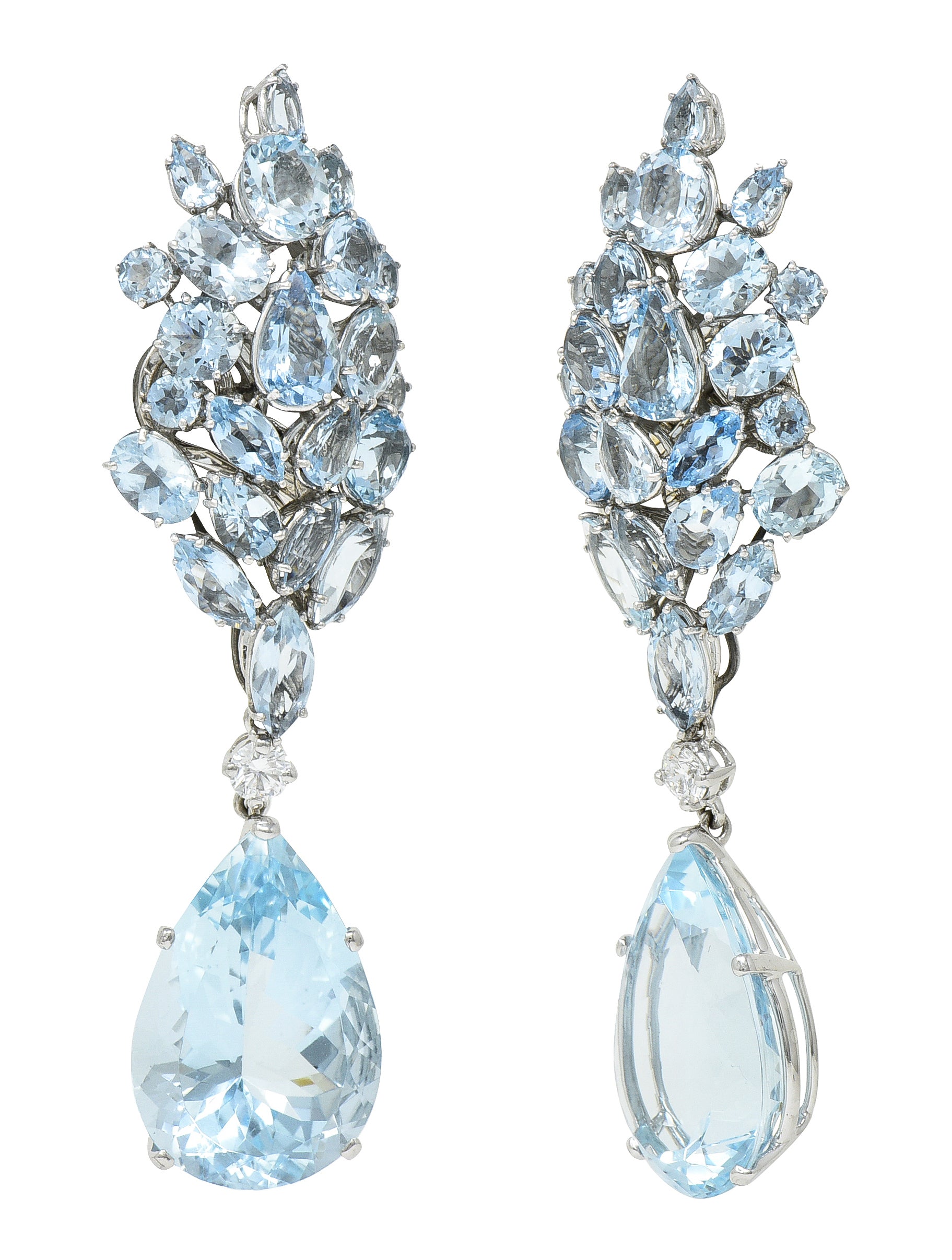 French Mid-Century 77.50 CTW Aquamarine Diamond 18 Karat White Gold Convertible Drop Cluster Ear-Clip Earrings Wilson's Estate Jewelry