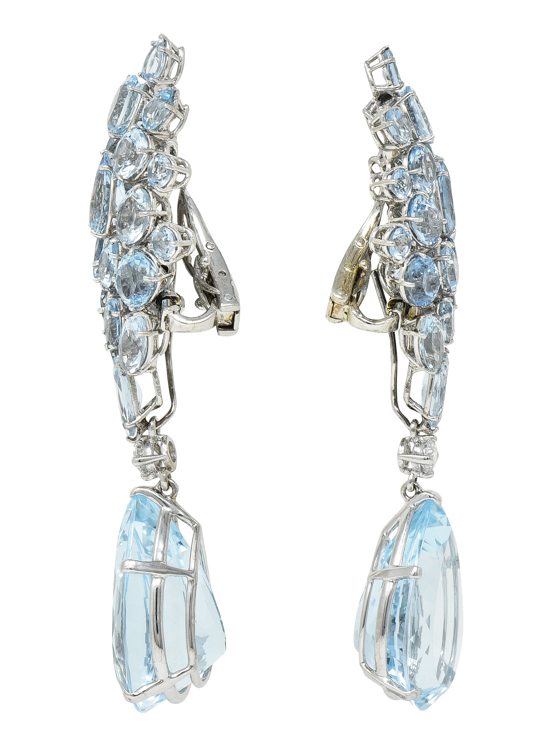 French Mid-Century 77.50 CTW Aquamarine Diamond 18 Karat White Gold Convertible Drop Cluster Ear-Clip Earrings Wilson's Estate Jewelry