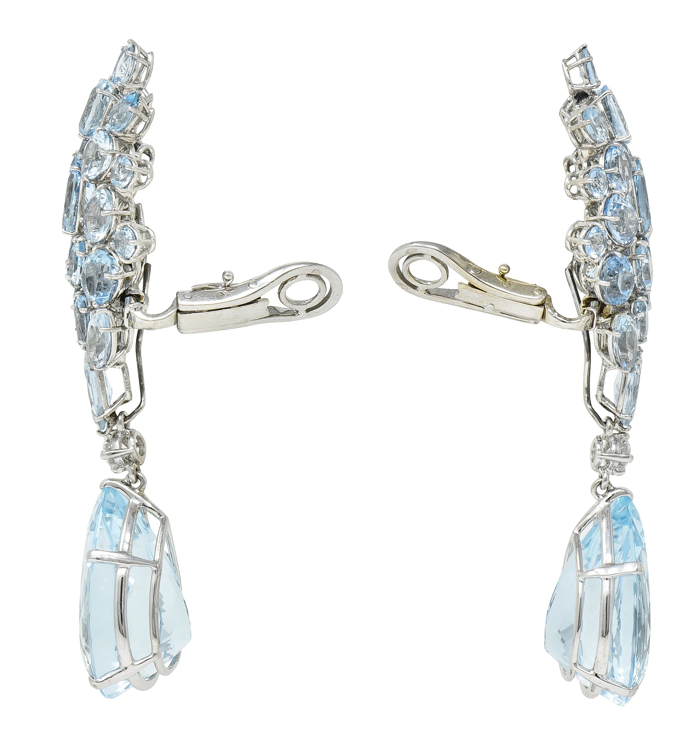 French Mid-Century 77.50 CTW Aquamarine Diamond 18 Karat White Gold Convertible Drop Cluster Ear-Clip Earrings Wilson's Estate Jewelry
