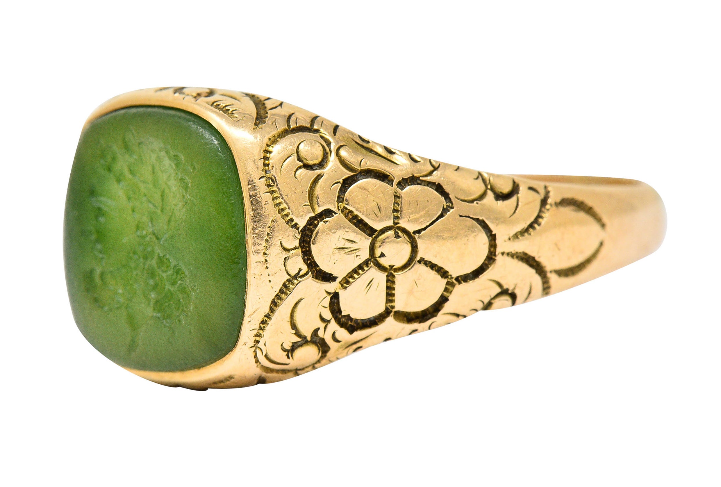 Art Nouveau Nephrite Intaglio 14 Karat Gold Zeus Signet RingRing - Wilson's Estate Jewelry