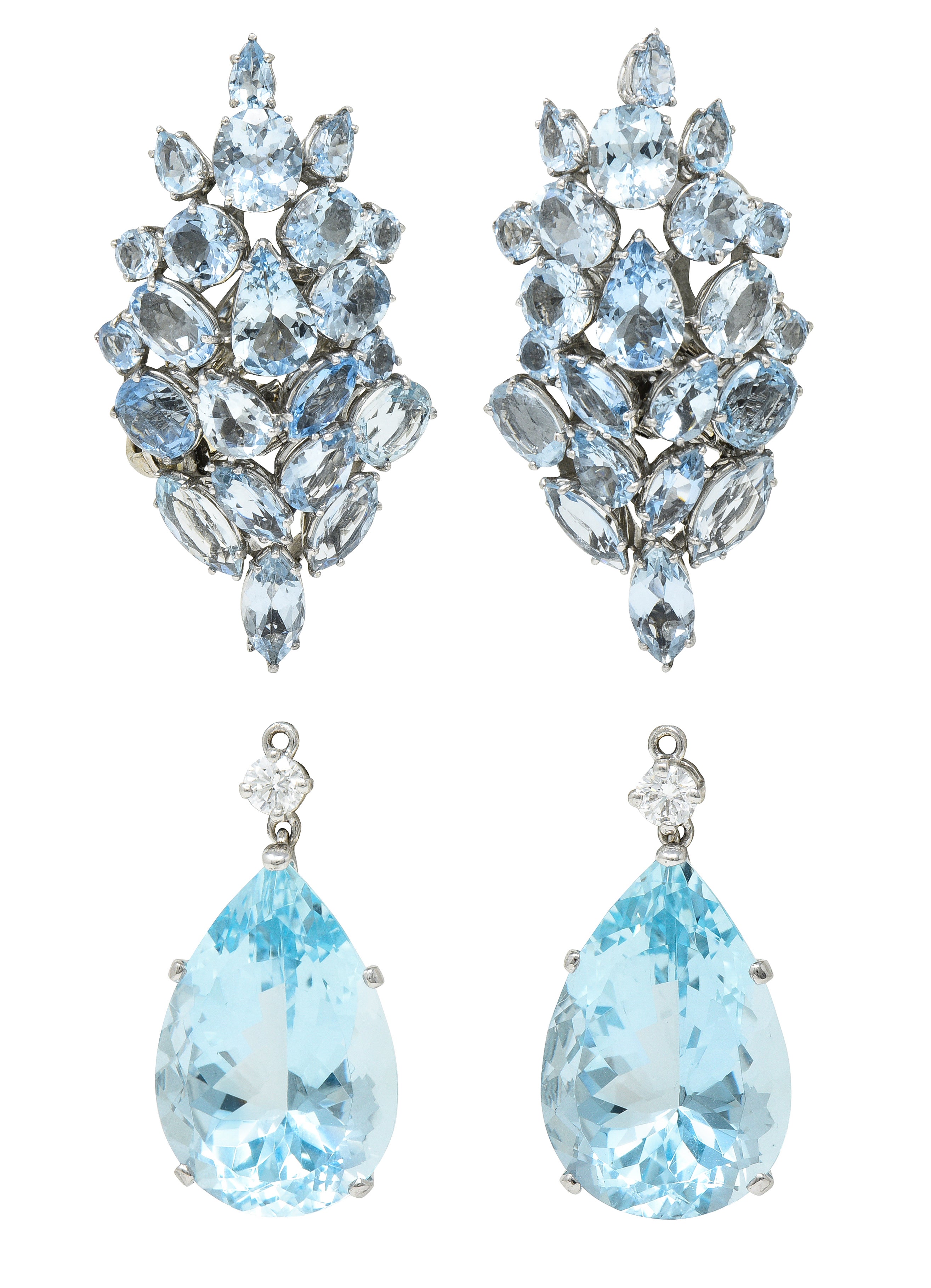 French Mid-Century 77.50 CTW Aquamarine Diamond 18 Karat White Gold Convertible Drop Cluster Ear-Clip Earrings Wilson's Estate Jewelry