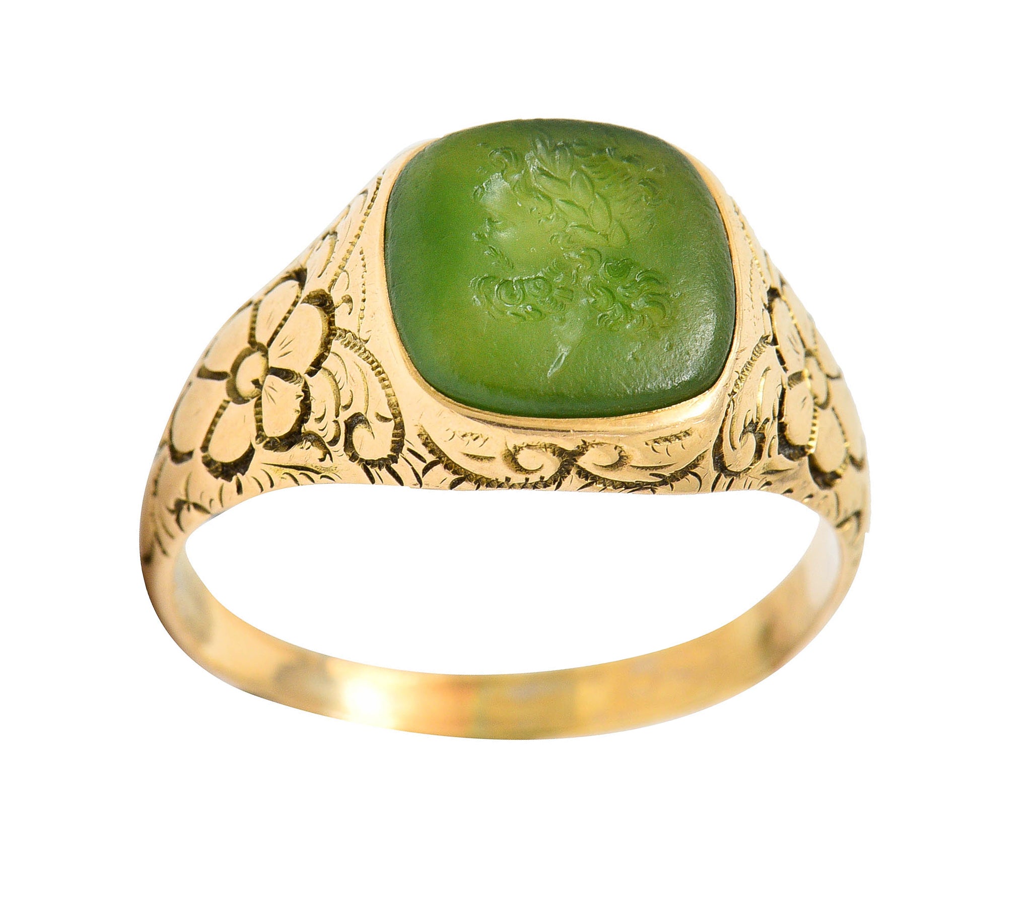 Art Nouveau Nephrite Intaglio 14 Karat Gold Zeus Signet RingRing - Wilson's Estate Jewelry