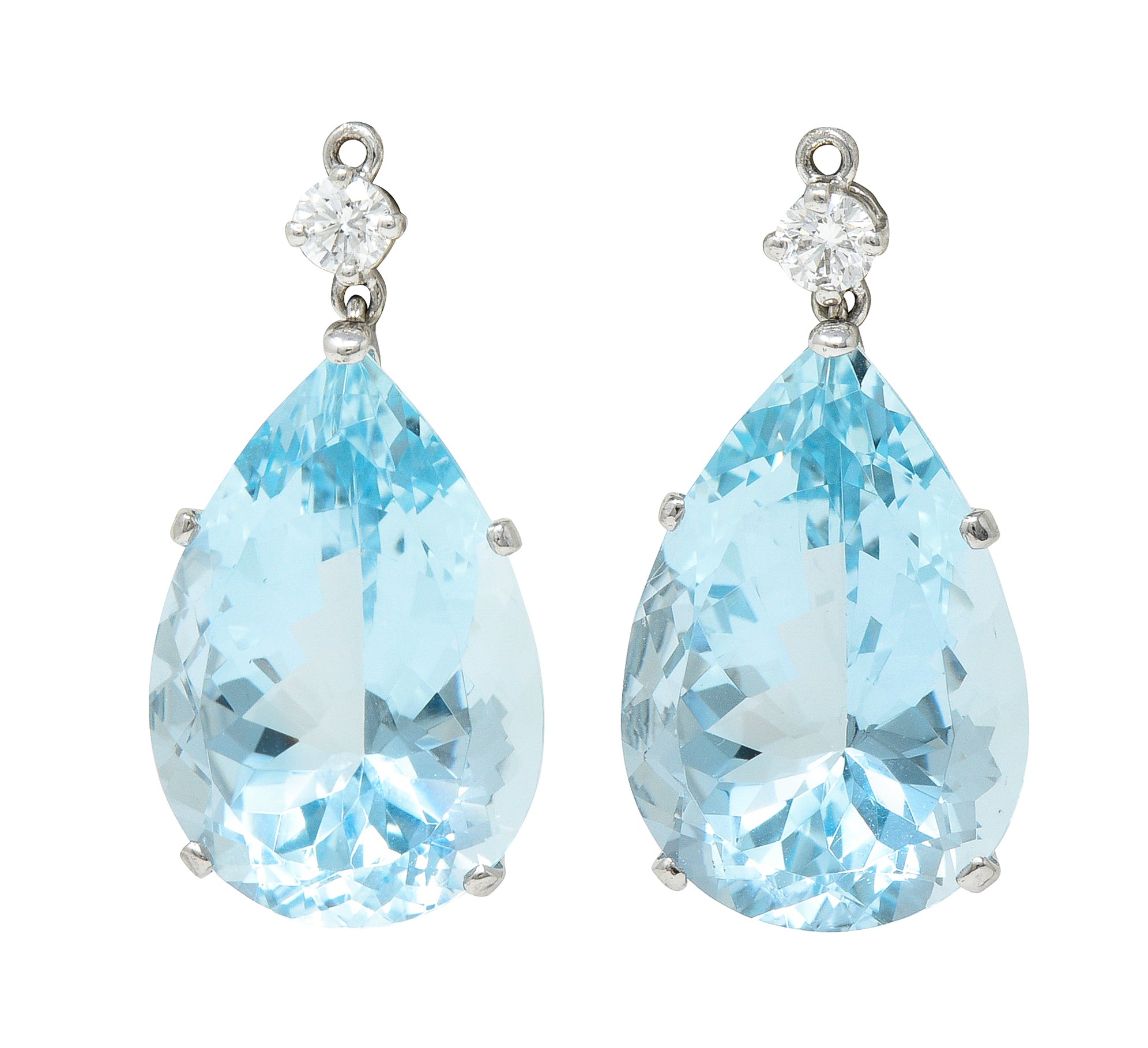 French Mid-Century 77.50 CTW Aquamarine Diamond 18 Karat White Gold Convertible Drop Cluster Ear-Clip Earrings Wilson's Estate Jewelry