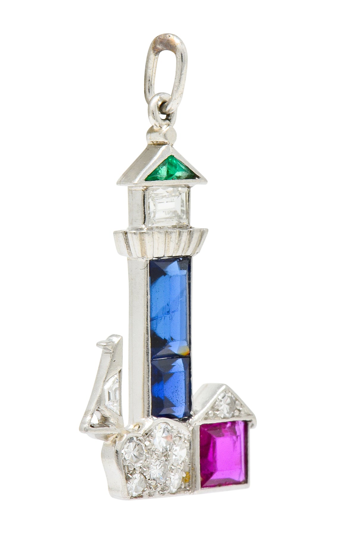 Large Art Deco Sapphire Emerald Ruby Diamond Platinum Lighthouse Charm - Wilson's Estate Jewelry