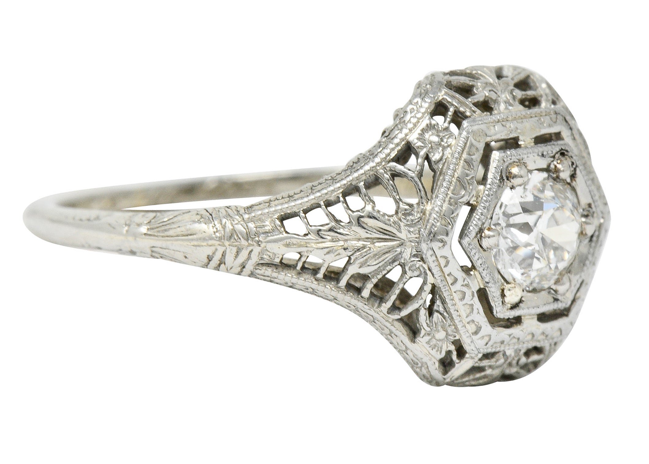 Edwardian 0.32 CTW Diamond 18 Karat White Gold Hexagonal Engagement RingRing - Wilson's Estate Jewelry