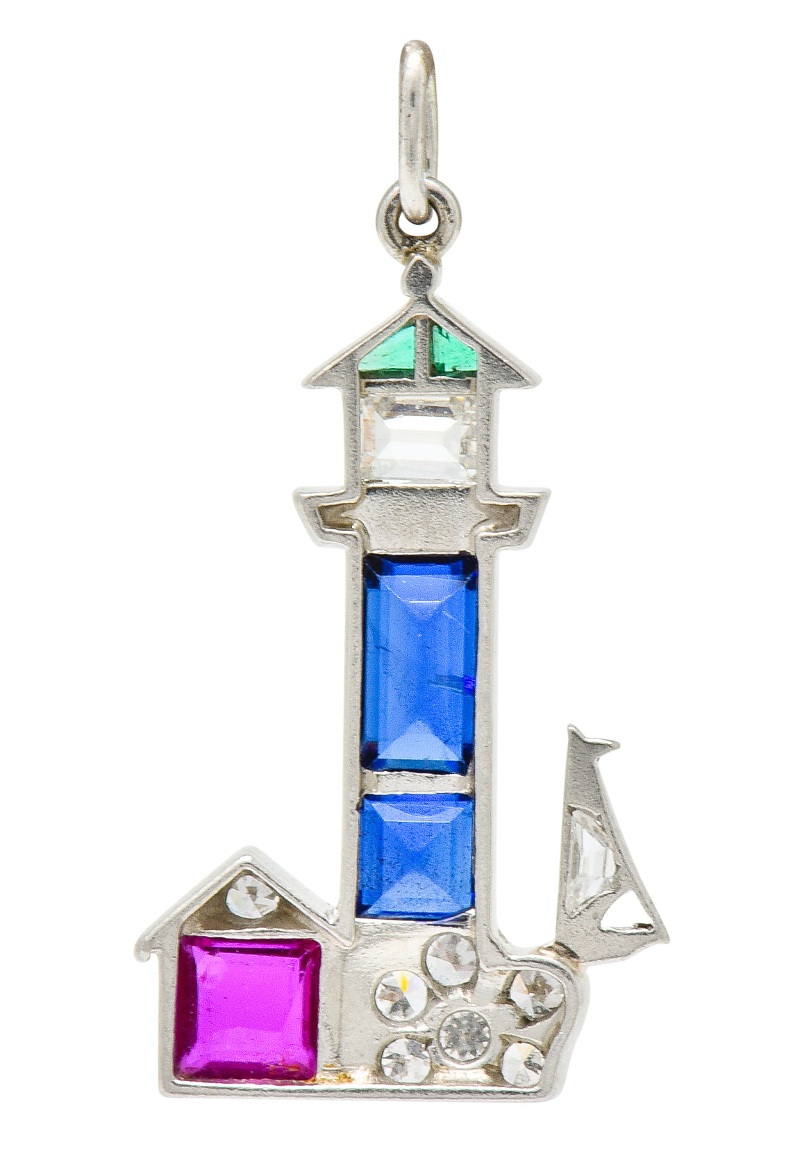 Large Art Deco Sapphire Emerald Ruby Diamond Platinum Lighthouse Charm - Wilson's Estate Jewelry