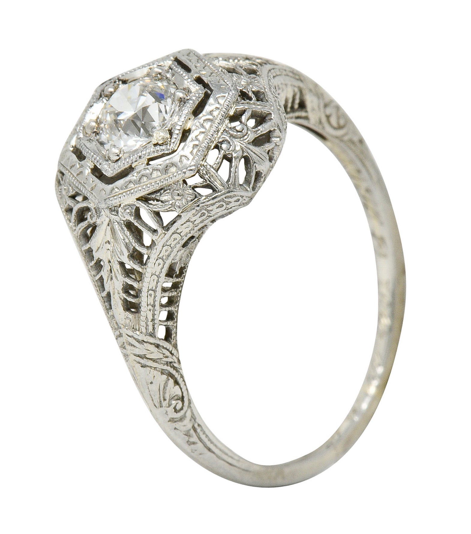 Edwardian 0.32 CTW Diamond 18 Karat White Gold Hexagonal Engagement RingRing - Wilson's Estate Jewelry