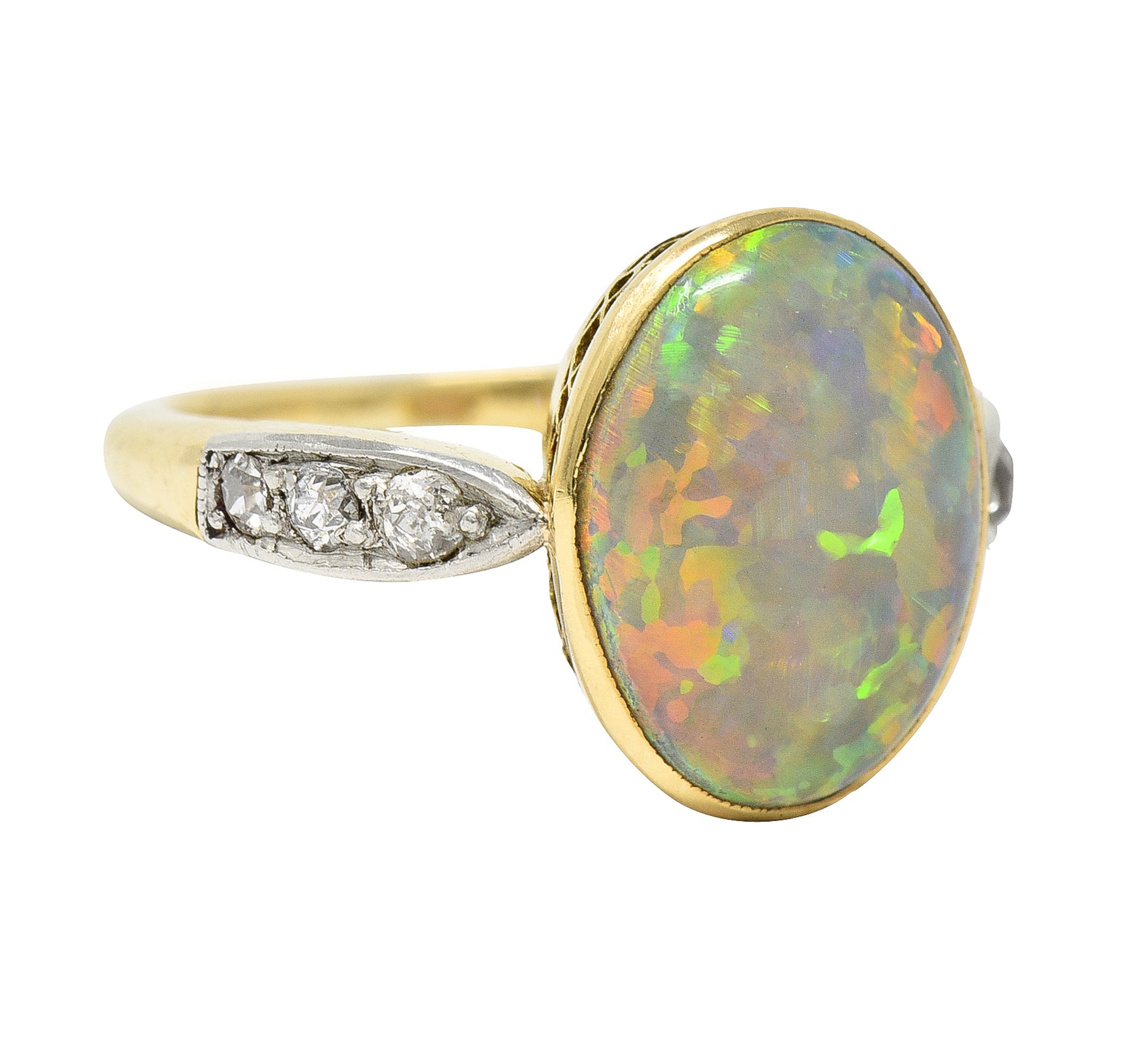 Edwardian Diamond Black Opal Platinum-Topped 18 Karat Yellow Gold Ring Wilson's Estate Jewelry