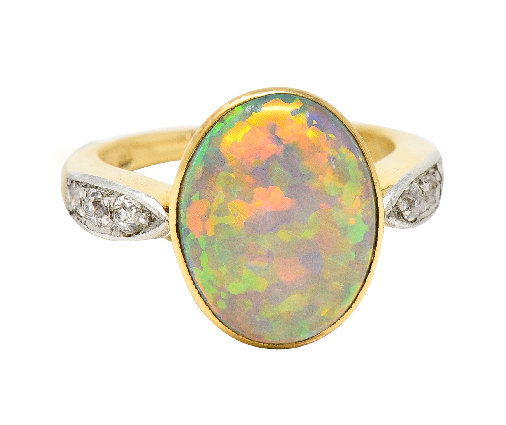 Edwardian Diamond Black Opal Platinum-Topped 18 Karat Yellow Gold Ring Wilson's Estate Jewelry