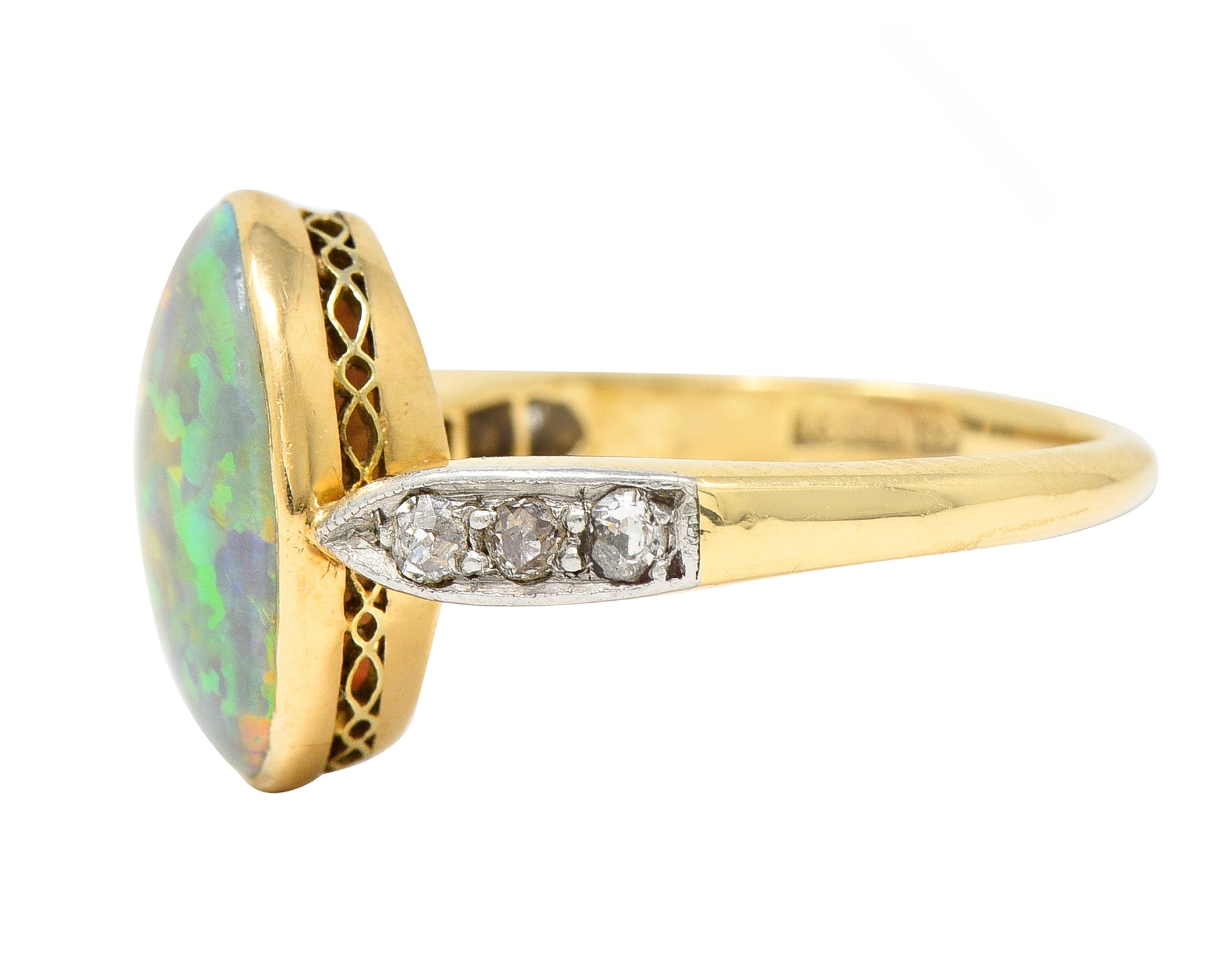 Edwardian Diamond Black Opal Platinum-Topped 18 Karat Yellow Gold Ring Wilson's Estate Jewelry