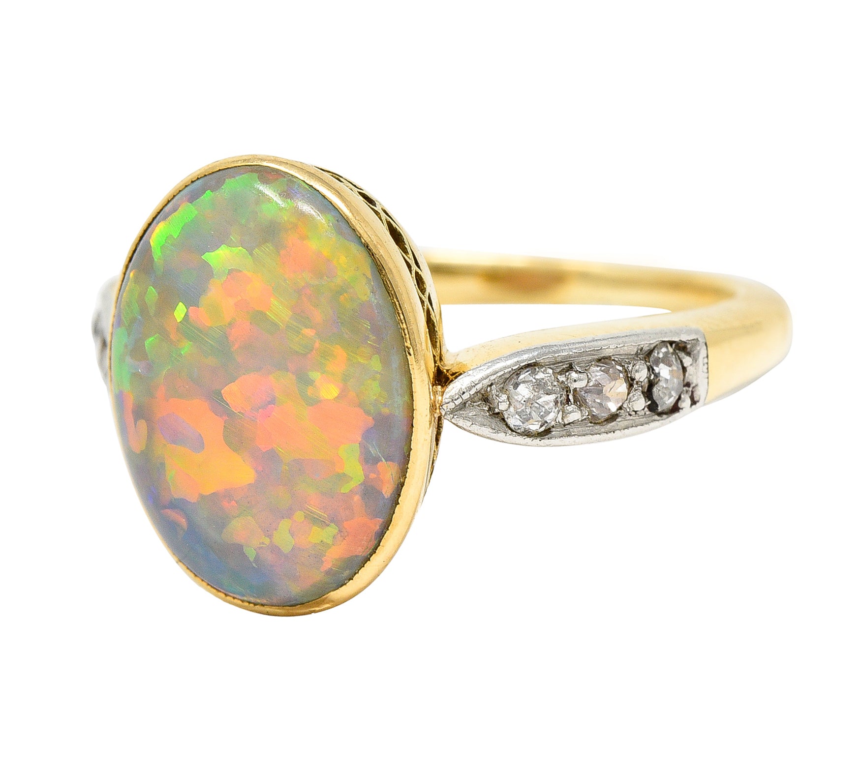 Edwardian Diamond Black Opal Platinum-Topped 18 Karat Yellow Gold Ring Wilson's Estate Jewelry