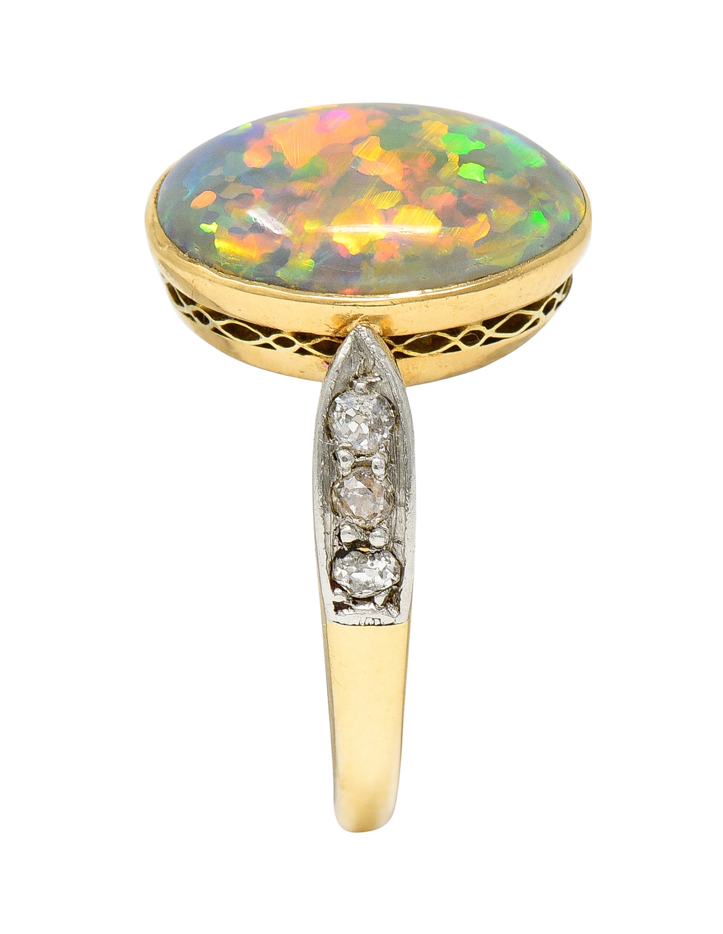 Edwardian Diamond Black Opal Platinum-Topped 18 Karat Yellow Gold Ring Wilson's Estate Jewelry