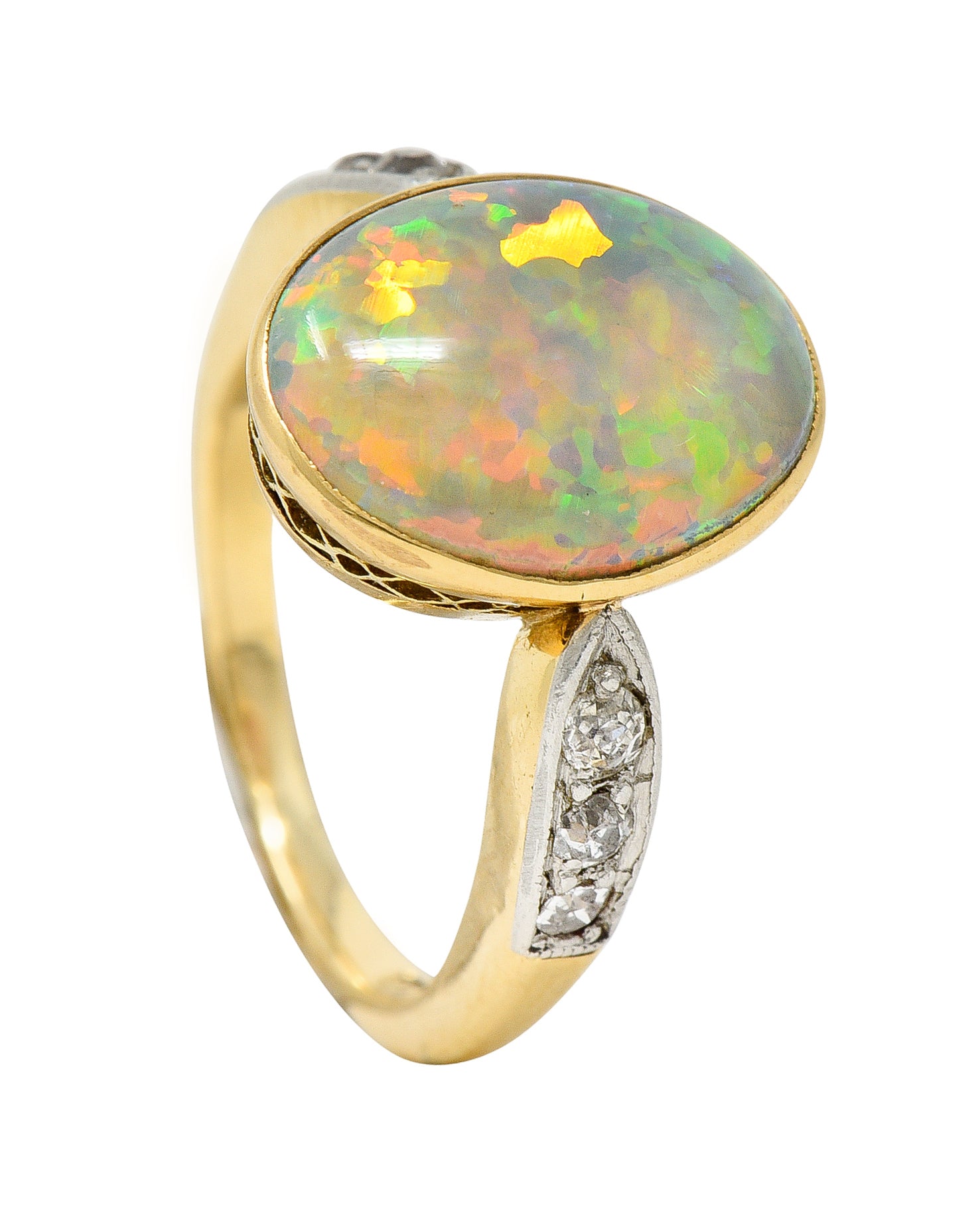 Edwardian Diamond Black Opal Platinum-Topped 18 Karat Yellow Gold Ring Wilson's Estate Jewelry