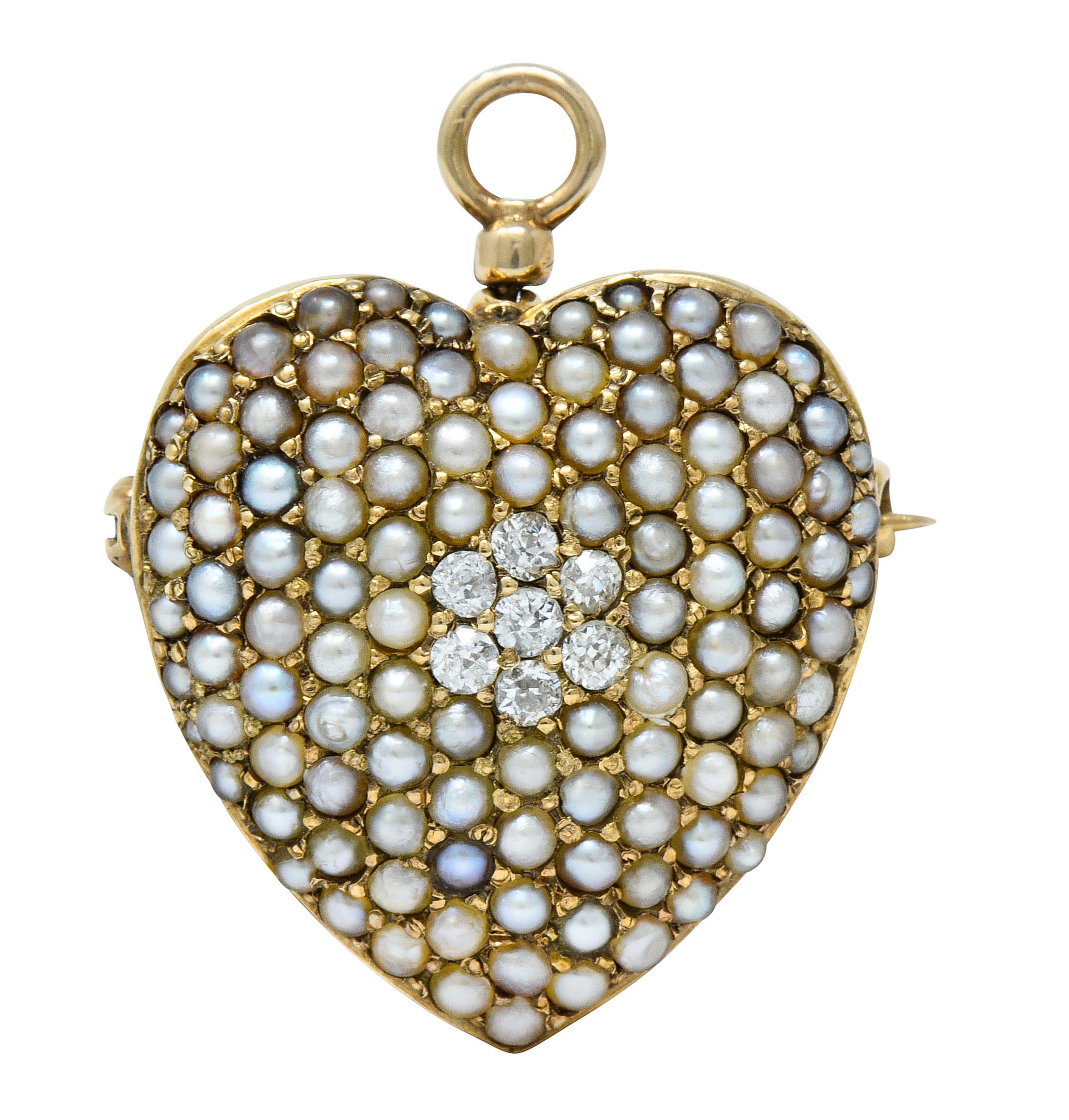 Victorian Natural Freshwater Seed Pearl Diamond 14 Karat Gold Heart Pendant BroochBrooch - Wilson's Estate Jewelry