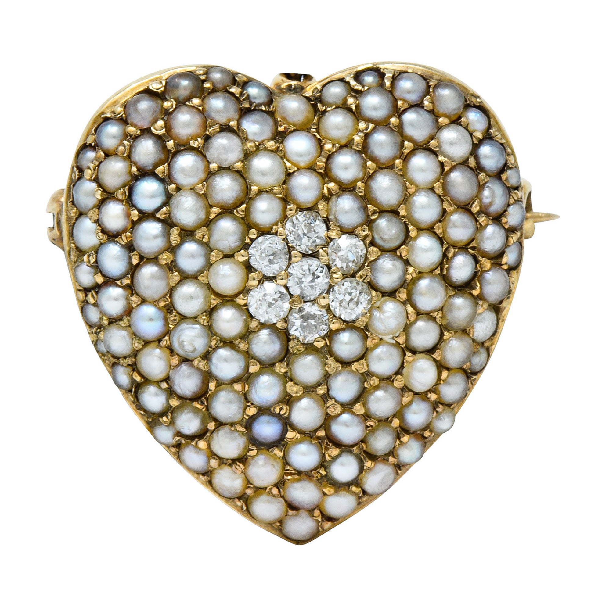 Victorian Natural Freshwater Seed Pearl Diamond 14 Karat Gold Heart Pendant BroochBrooch - Wilson's Estate Jewelry