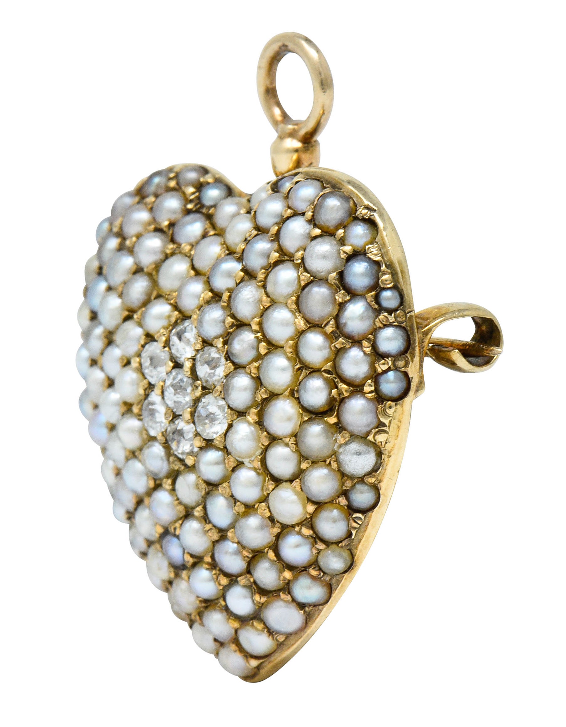 Victorian Natural Freshwater Seed Pearl Diamond 14 Karat Gold Heart Pendant BroochBrooch - Wilson's Estate Jewelry