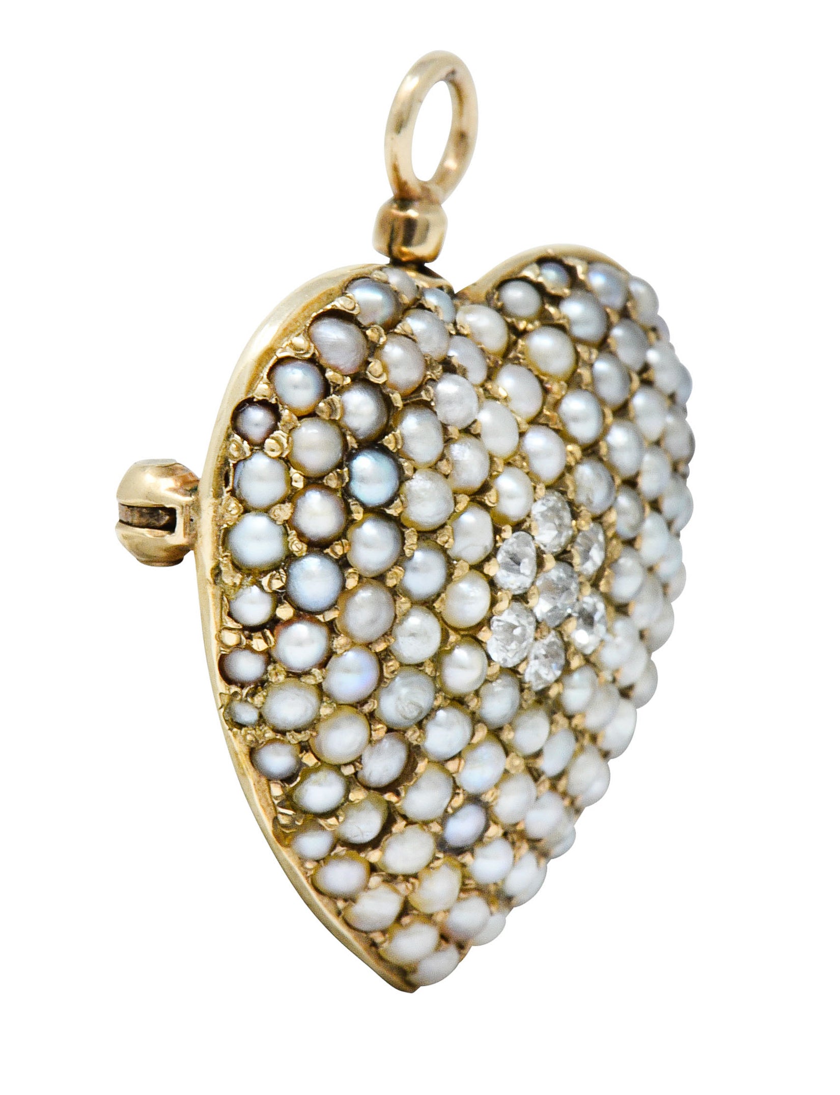 Victorian Natural Freshwater Seed Pearl Diamond 14 Karat Gold Heart Pendant BroochBrooch - Wilson's Estate Jewelry