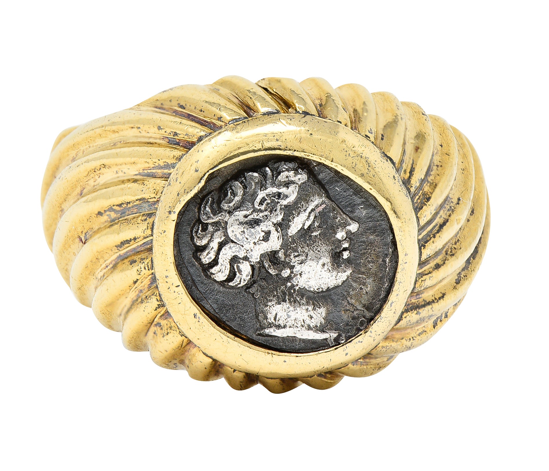 Bulgari 1980's Ancient Coin 18 Karat Yellow Gold Greek Bust Cameo Vintage Signet Ring Wilson's Estate Jewelry