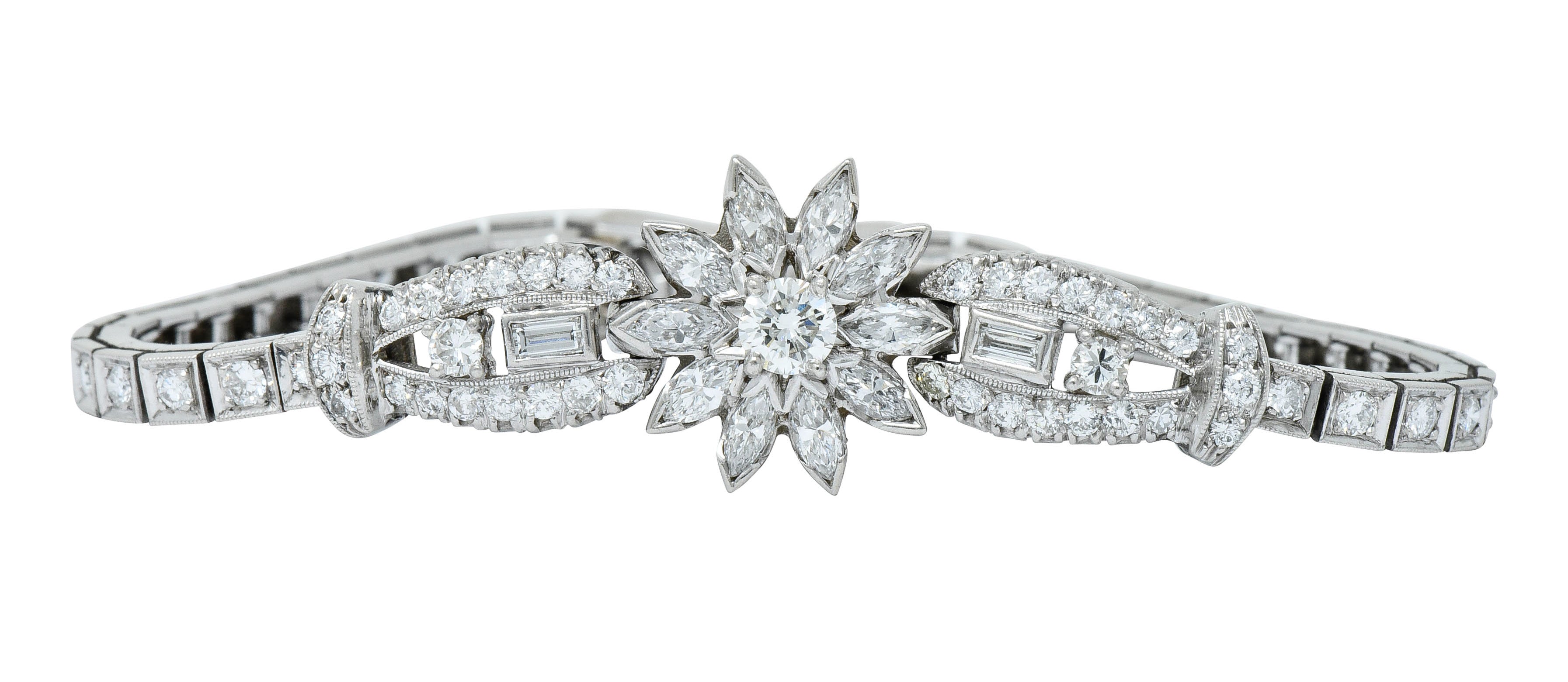 1950’s Mid-Century 4.00 CTW Diamond Platinum Floral Cluster Link Braceletbracelet - Wilson's Estate Jewelry