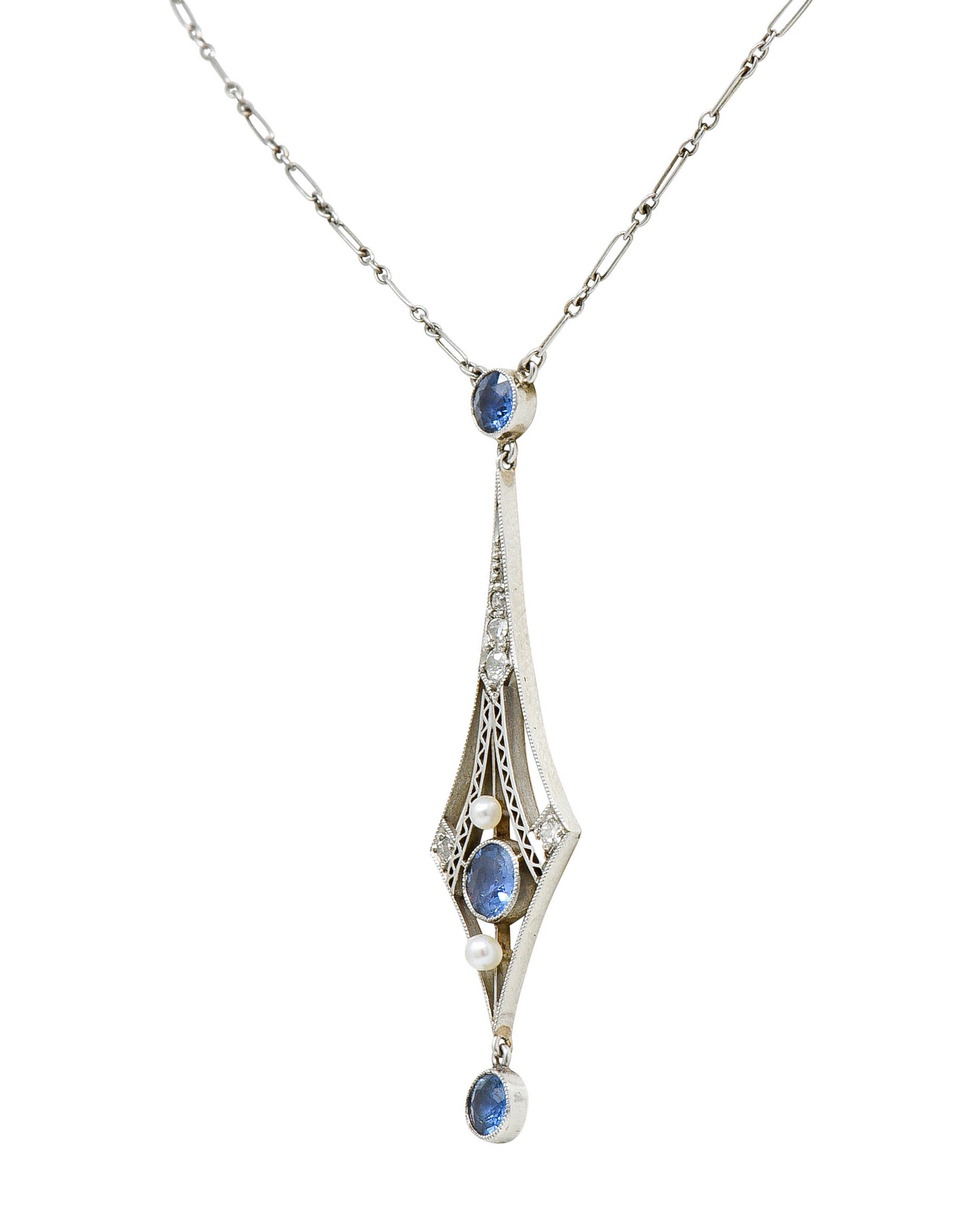 1920's Art Deco Pearl 1.00 CTW Sapphire Diamond Platinum Navette NecklaceNecklace - Wilson's Estate Jewelry