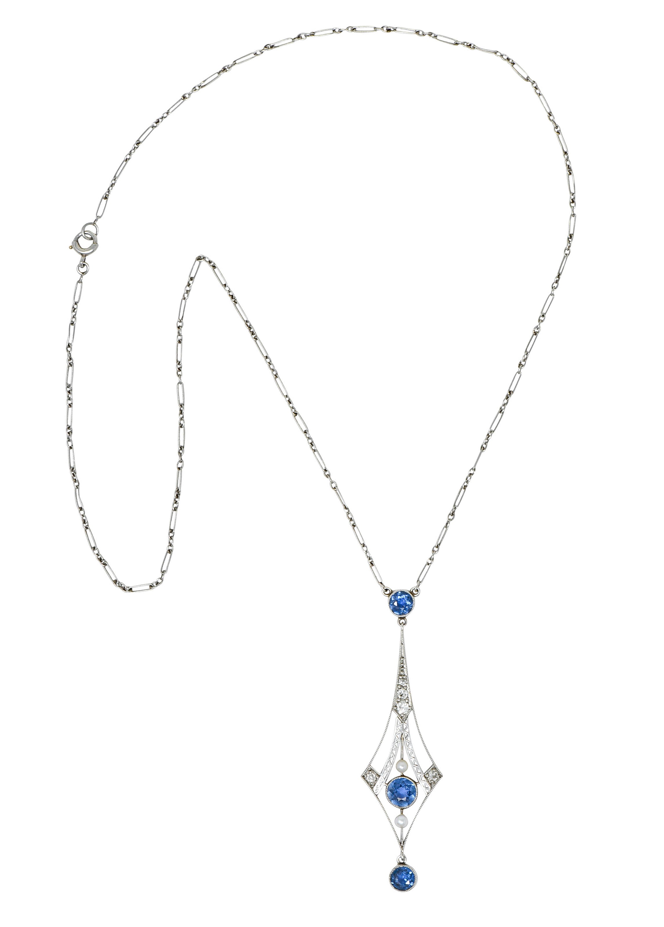 1920's Art Deco Pearl 1.00 CTW Sapphire Diamond Platinum Navette NecklaceNecklace - Wilson's Estate Jewelry