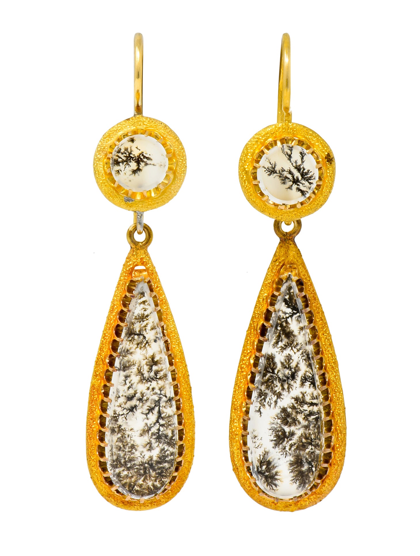 Victorian Dendritic Agate 18 Karat Gold Articulated Day Night Drop Earrings - Wilson's Estate Jewelry