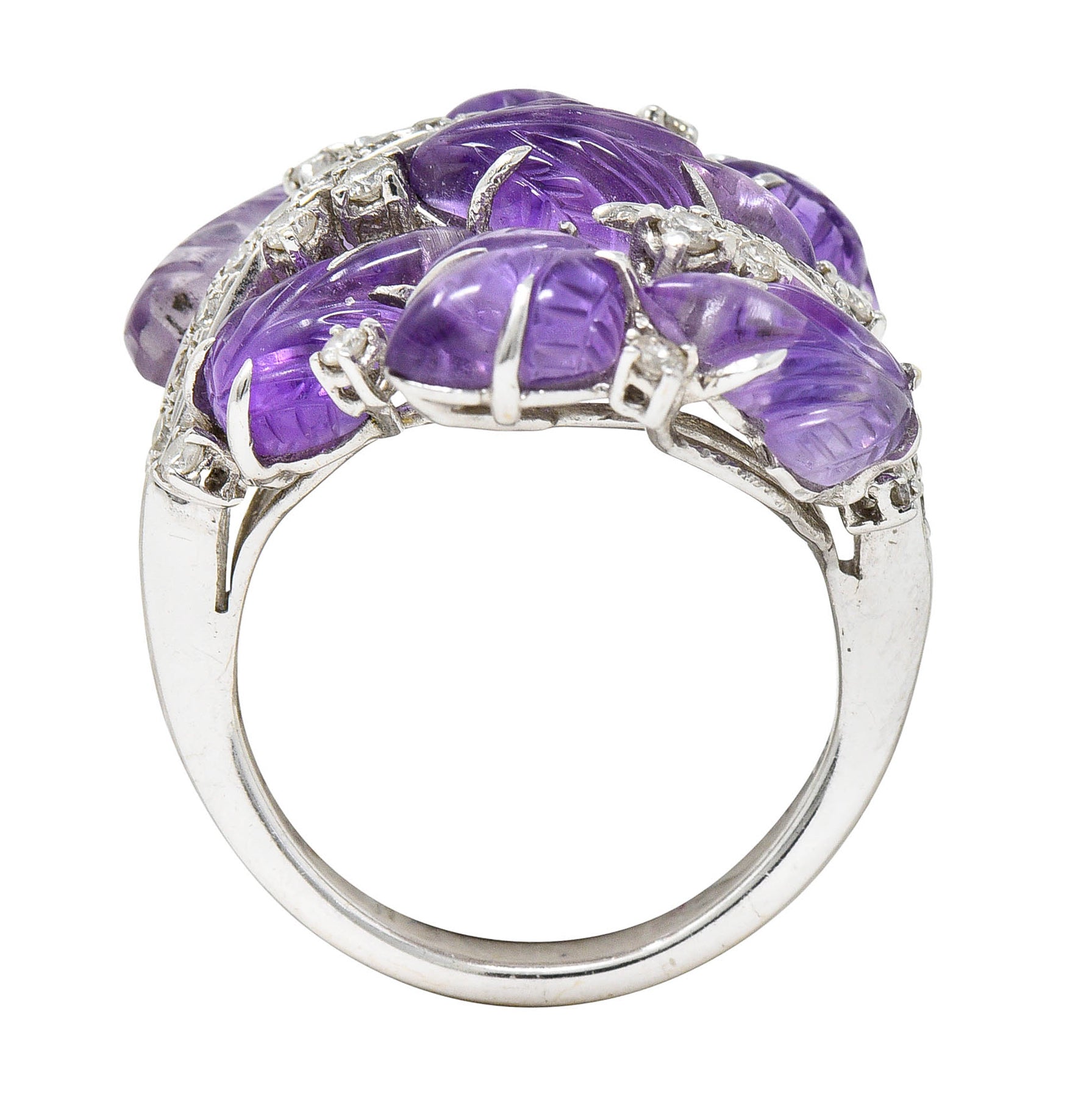 1960's Vintage Amethyst Diamond 18 Karat White Gold Carved Foliate RingRing - Wilson's Estate Jewelry