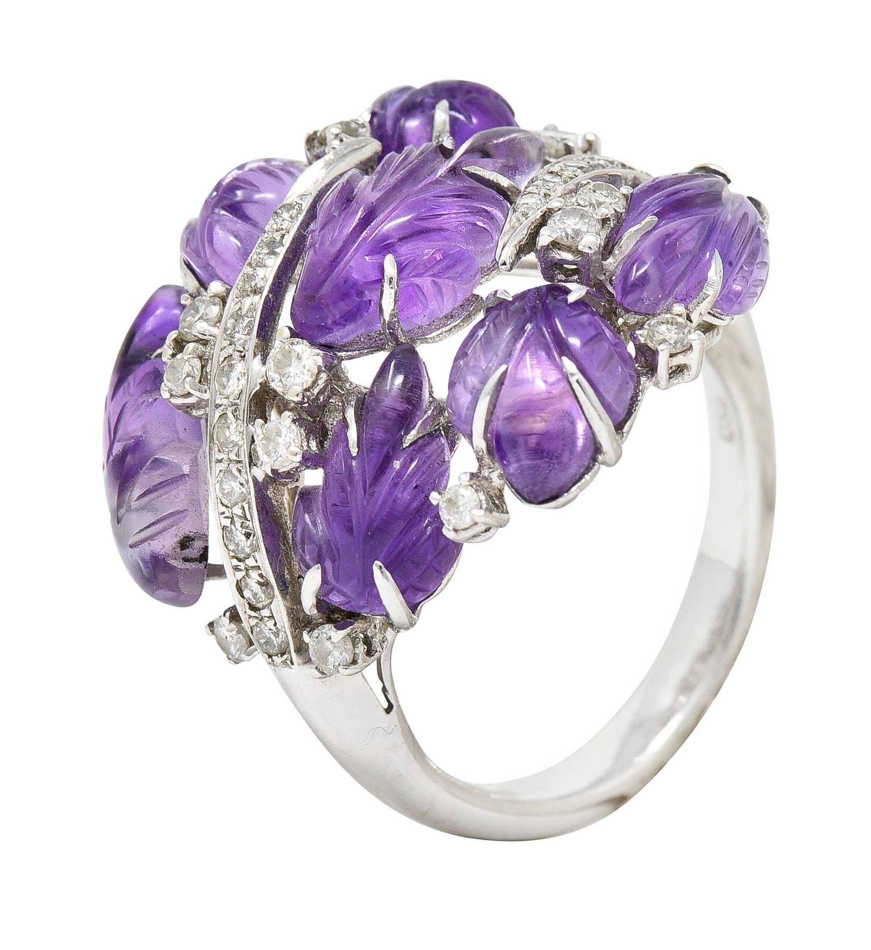 1960's Vintage Amethyst Diamond 18 Karat White Gold Carved Foliate RingRing - Wilson's Estate Jewelry