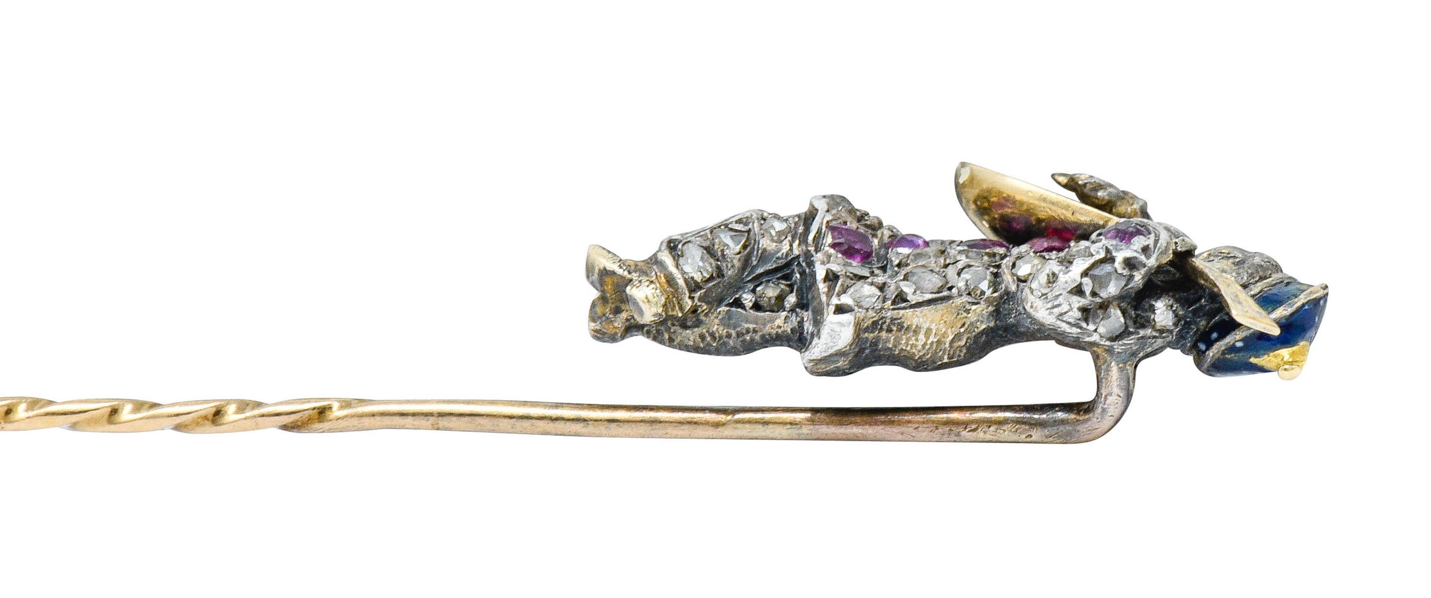 Victorian Rose Cut Diamond Ruby Silver-Topped 18 Karat Gold Bard StickpinStick Pin - Wilson's Estate Jewelry