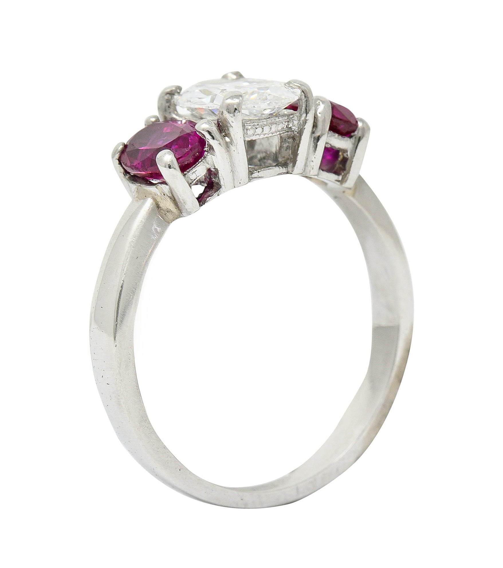 1950's Mid-Century 2.13 CTW Diamond Ruby Platinum Three Stone Ring GIARing - Wilson's Estate Jewelry